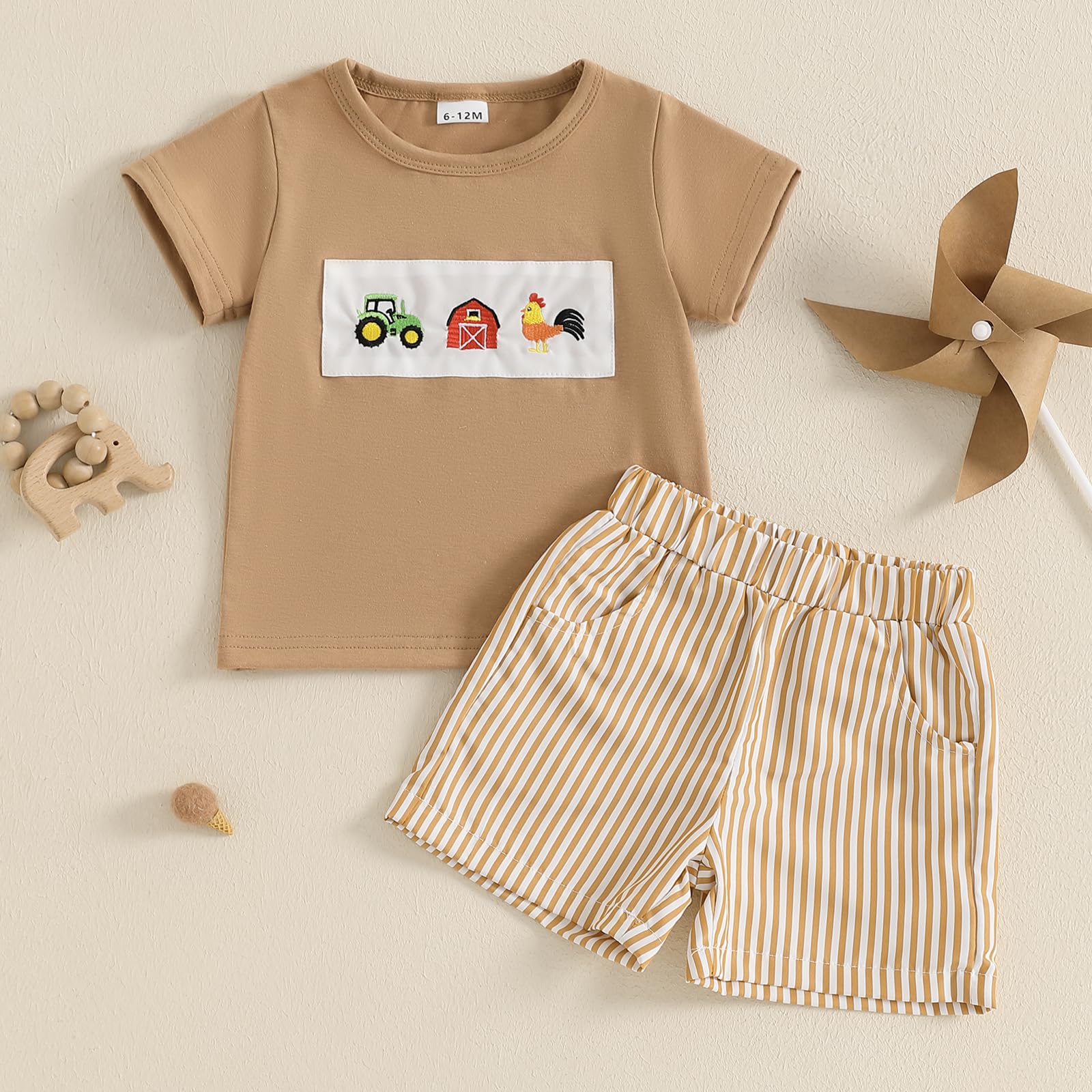 Toddler Baby Boy Summer Plaid Outfit Short Sleeve Duck Embroidery T-shirt Elastic Shorts 2Pcs Boys Clothes (Khaki, 6-12 Months)