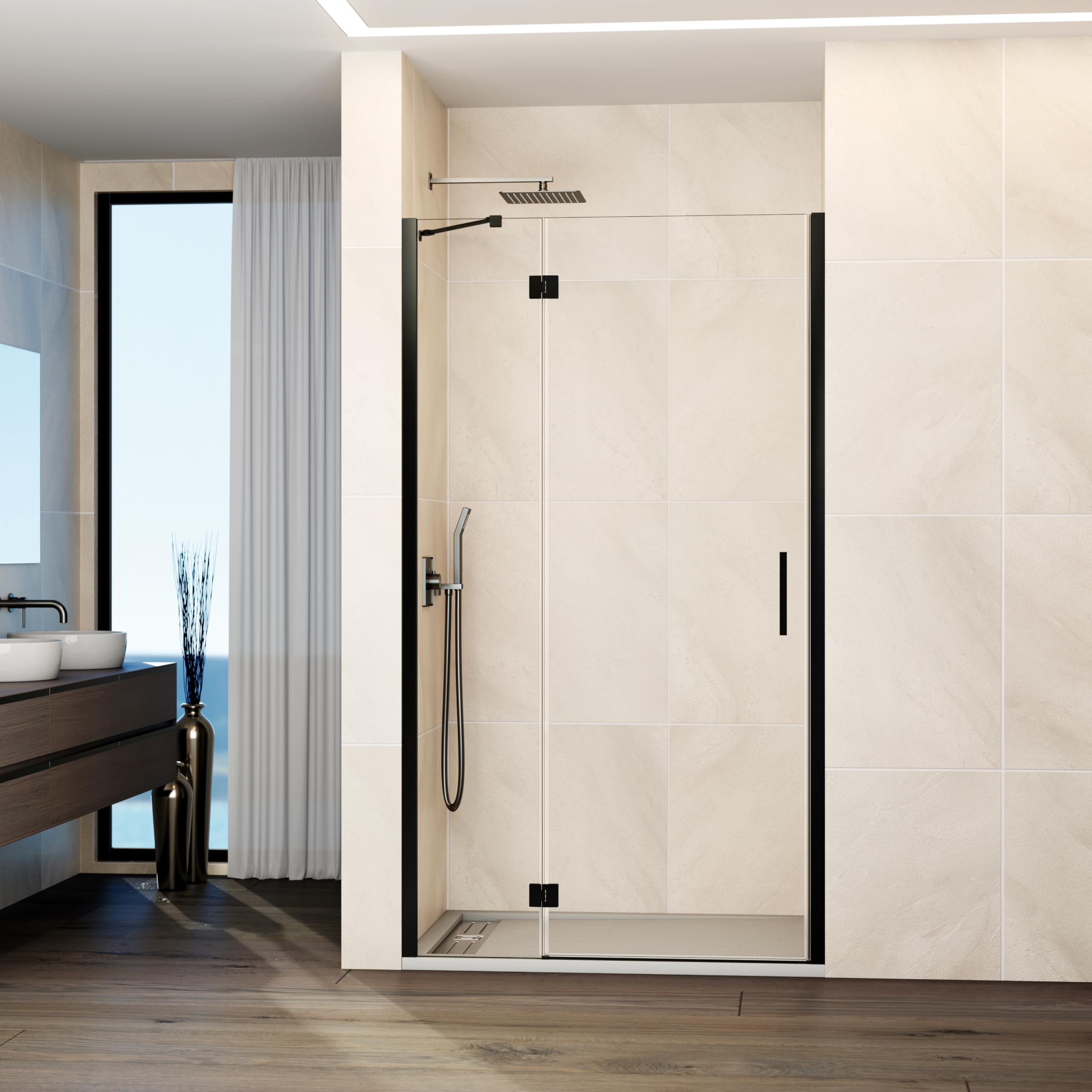 GME - Mampara Ducha Frontal 1 Puerta Fija + 1 Corredera 95cm Titanio | Mampara de Cristal con Perfilería de Aluminio y 195cm de Altura | Cristal Templado 6mm Antical Y Cierre Magnético