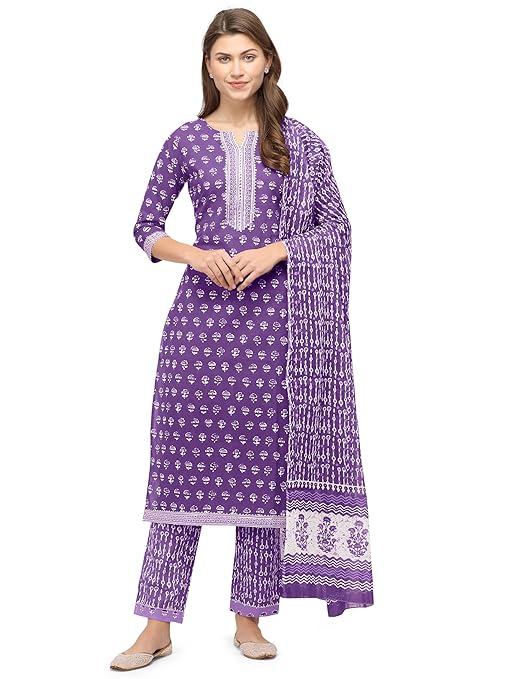 Women's Straight Fit Cotton Kurta with Trouser Pants and Dupatta