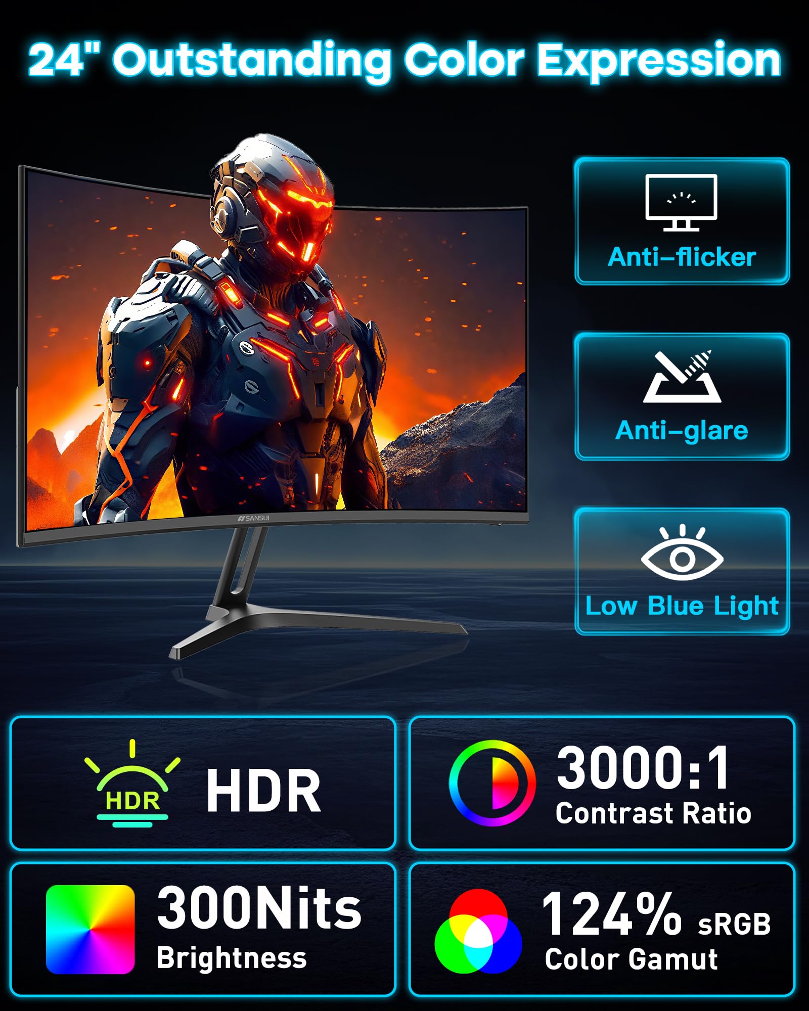 SANSUI 24 Inch Curved 240Hz Gaming Monitor FHD 1080P, 1500R Curve Computer Monitor, 124%sRGB, 3000:1 Contrast Ratio, HDR, FreeSync, MPRT 1Ms, Low Blue Light, HDMI DP ports.(ES-G24C1 PRO DP Cable Incl)