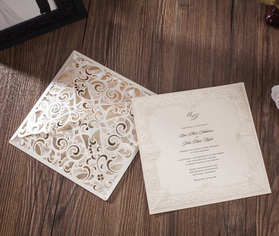 Exсluѕіvе Dіѕсоunt 🔥 50X WISHMADE 6 x 6 inch Ivory Square Wedding Invitations with RSVP Cards and Envelopes Set, Laser Cut Foil Hollow Wedding Invites, Matched RSVP and Thank You Card「Fortuitousness」