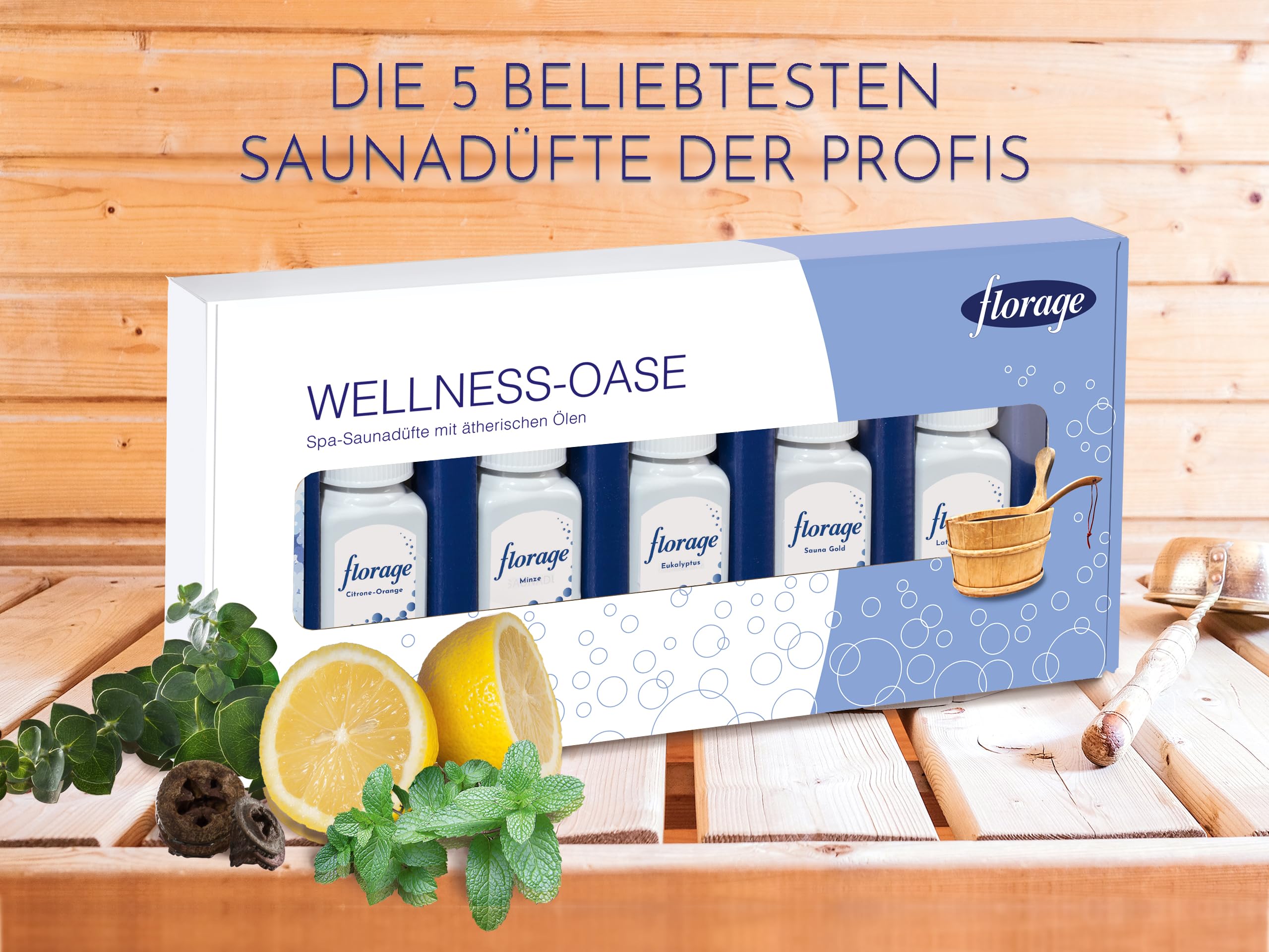 5x 100ml Saunaaufguss Saunaduft Konzentrat Duftöl Geschenkset - Eukalyptus, Minze, Latschenkiefer, Citrone/Orange, Sauna Gold - auch für Kräuterbäder, Aromaschalen und Thermarien