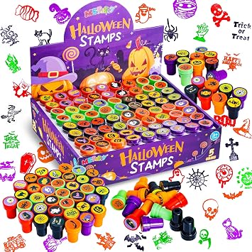 MGparty 144 pcs Halloween Assorted Stamps for Kids Party Favors Supplies | Halloween Stampers Goodies Bags, Classroom Game Reward Prizes 36 Designs, 5 Colors Trick or Treat Stamps