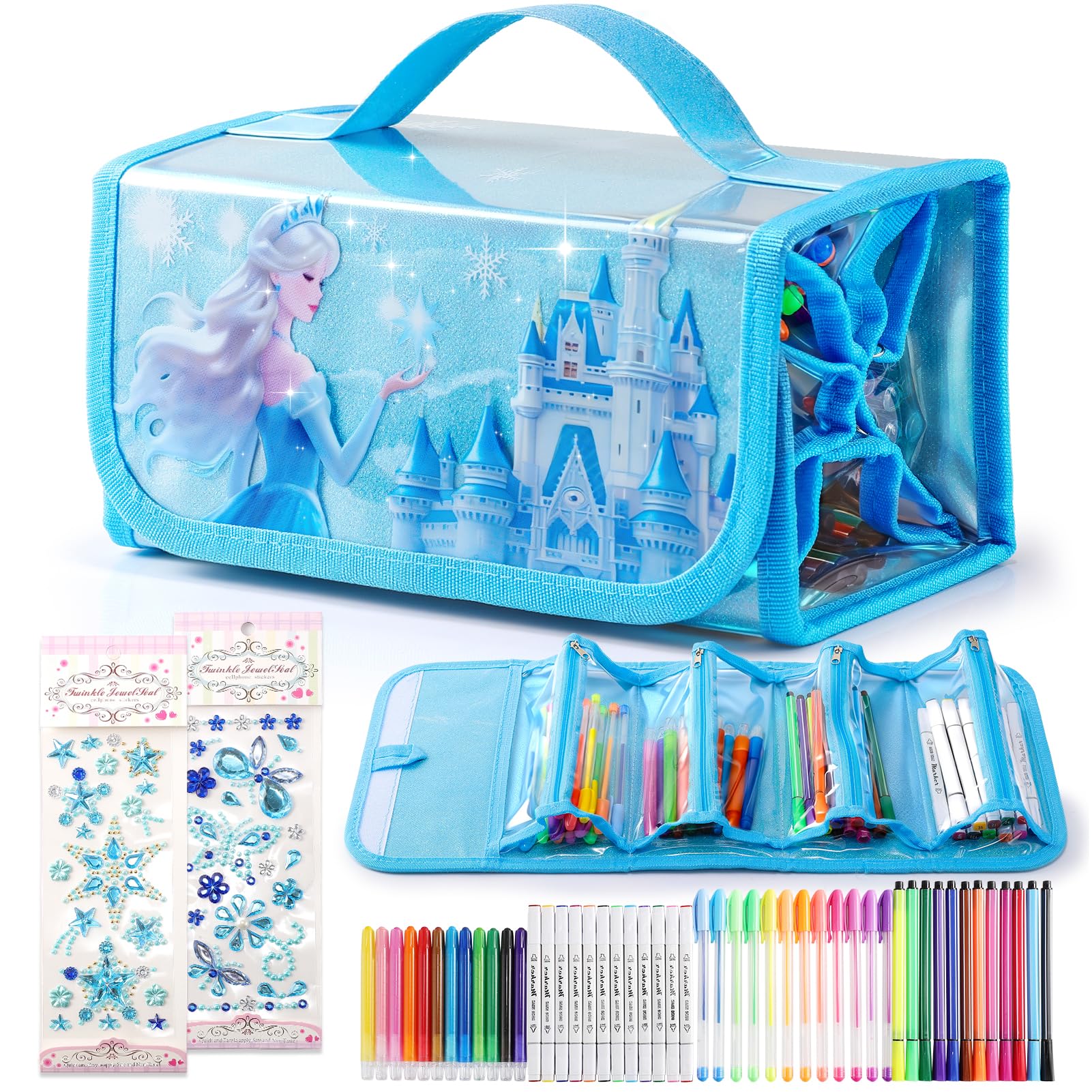 HappyGoLucky Valigetta Colori per Bambini Acquerelli Pastelli Pennarello, Regalo Bambina 3-10 Anni, Kit Disegno Colori per Bambini - Impermeabile e Facile da Pulire - Regali di Natale (Blu)