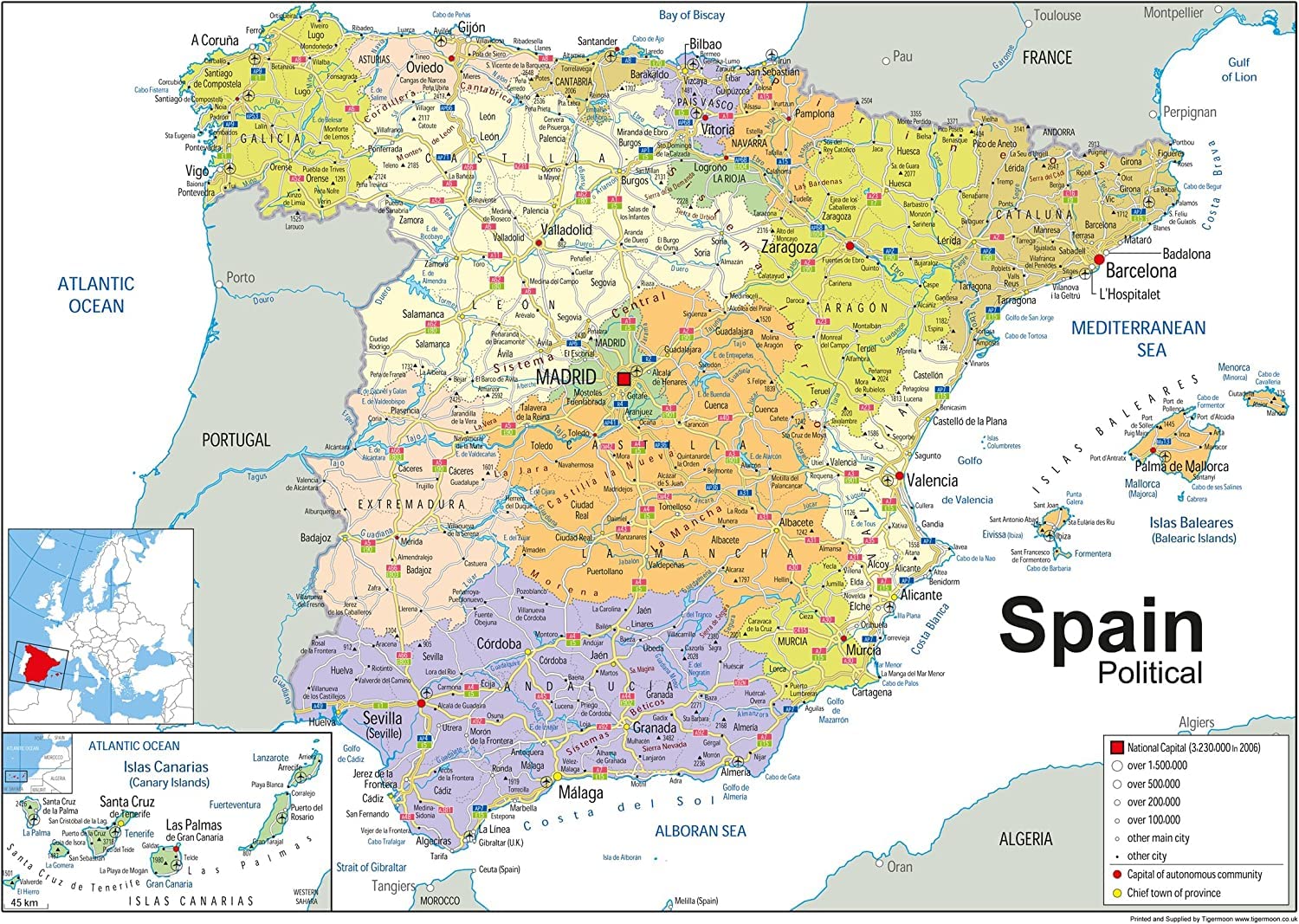 Political Map of Spain - Size A2-59.4 x 42cm - Paper Laminated