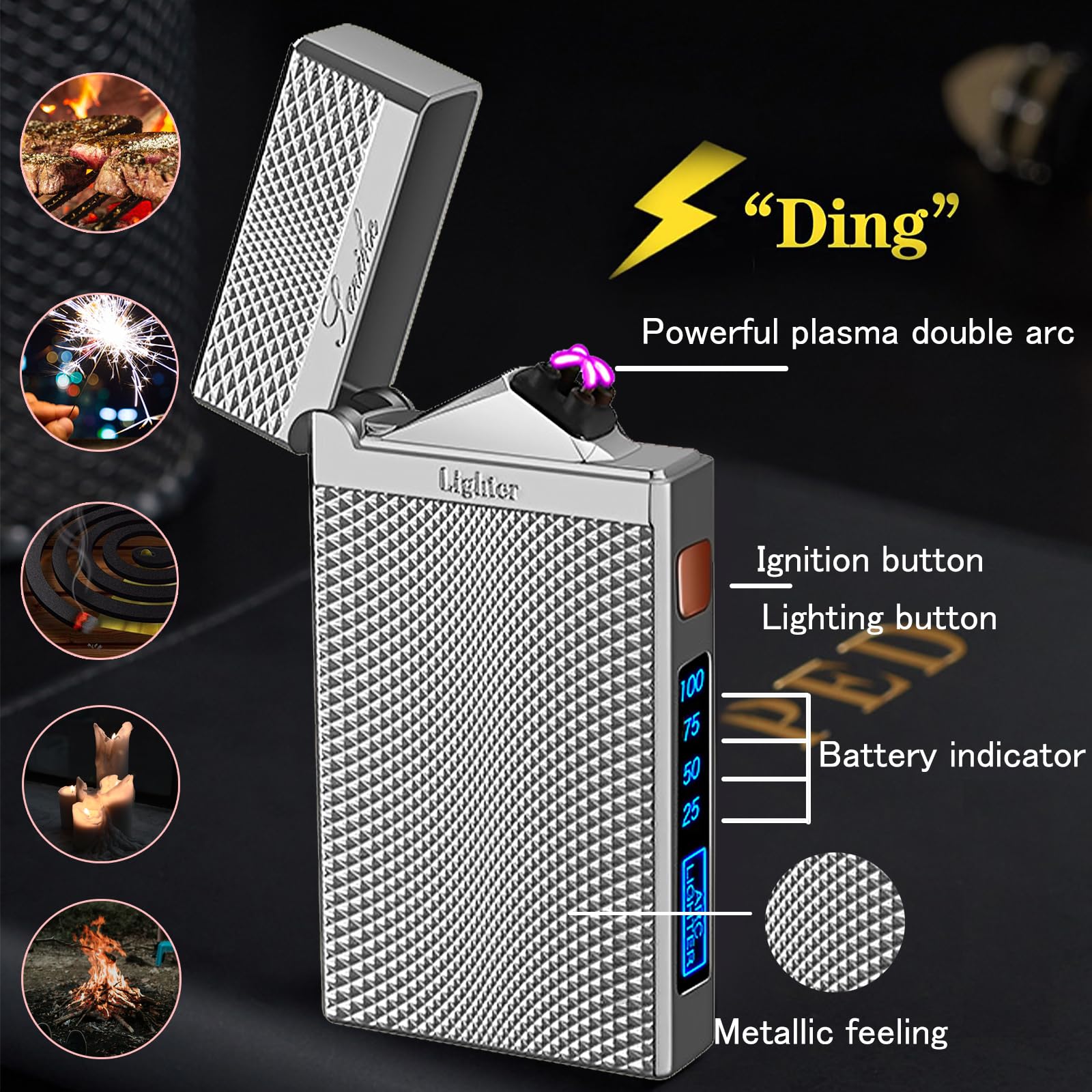Accendino al plasma ad arco elettrico, ricaricabile, antivento, USB, con indicatore della batteria e torcia, accensione a doppio arco, ricarica rapida, compatto, per campeggio, escursionismo