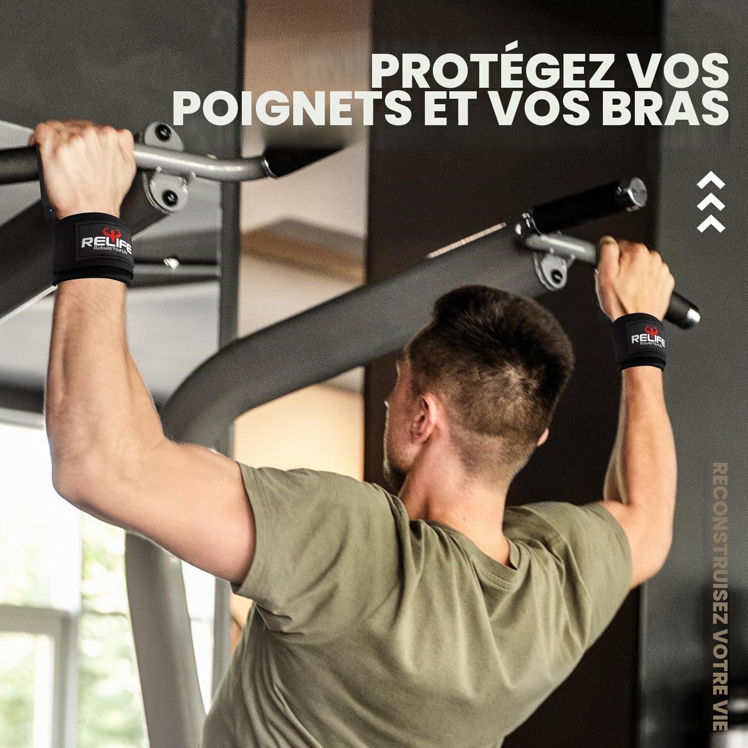 RELIFE REBUILD YOUR LIFE Straps de Musculation pour Traction Assistée Bandes Poignet Hooks de Levage (Paire) pour Powerlifting Poignées d'Entraînement Crochets de Levage