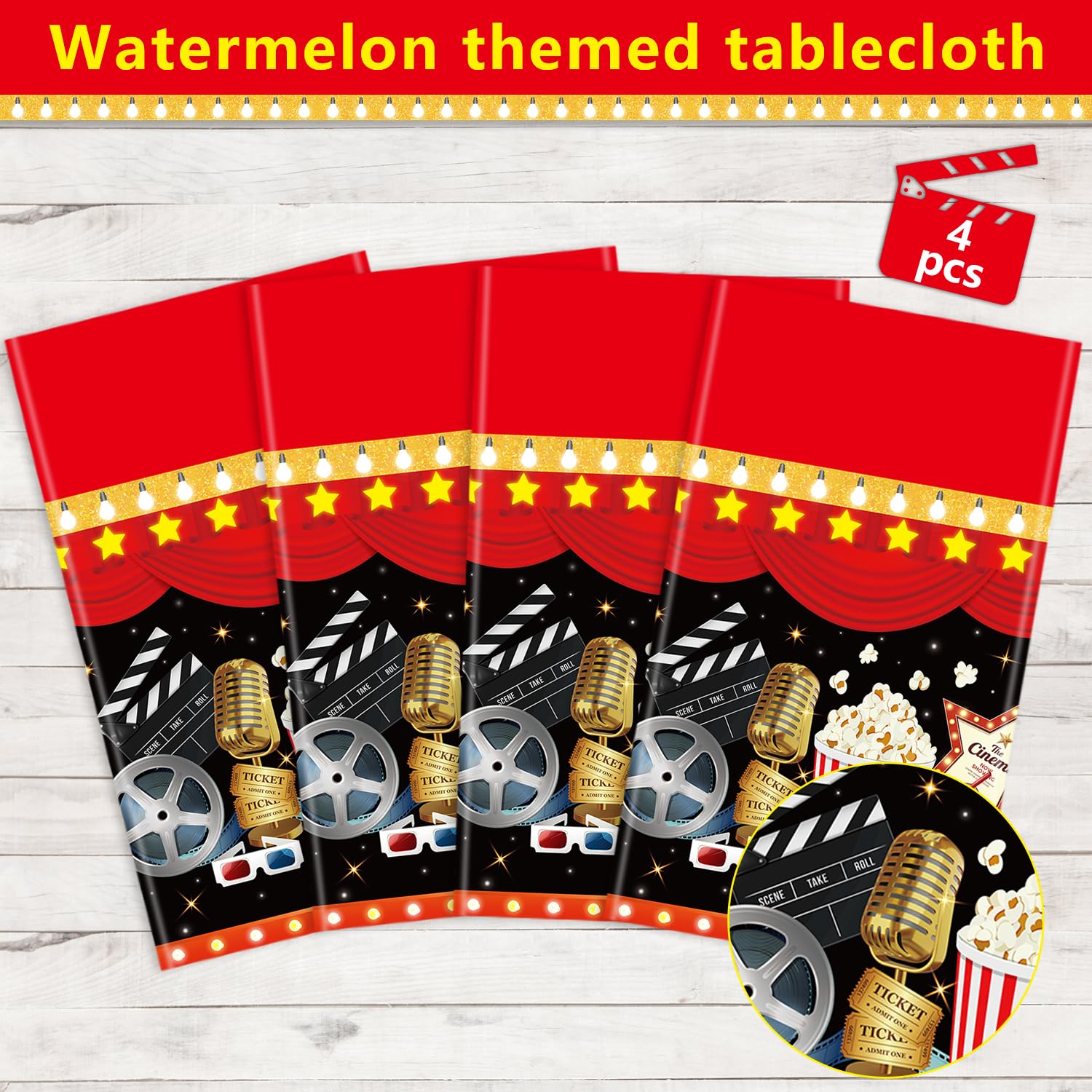 4 piezas de manteles de noche de película temática de cine decoraciones de fiesta alfombra roja manteles palomitas de maíz mantel entrega de premios se muestra ahora tema cumpleaños accesorios 130 x