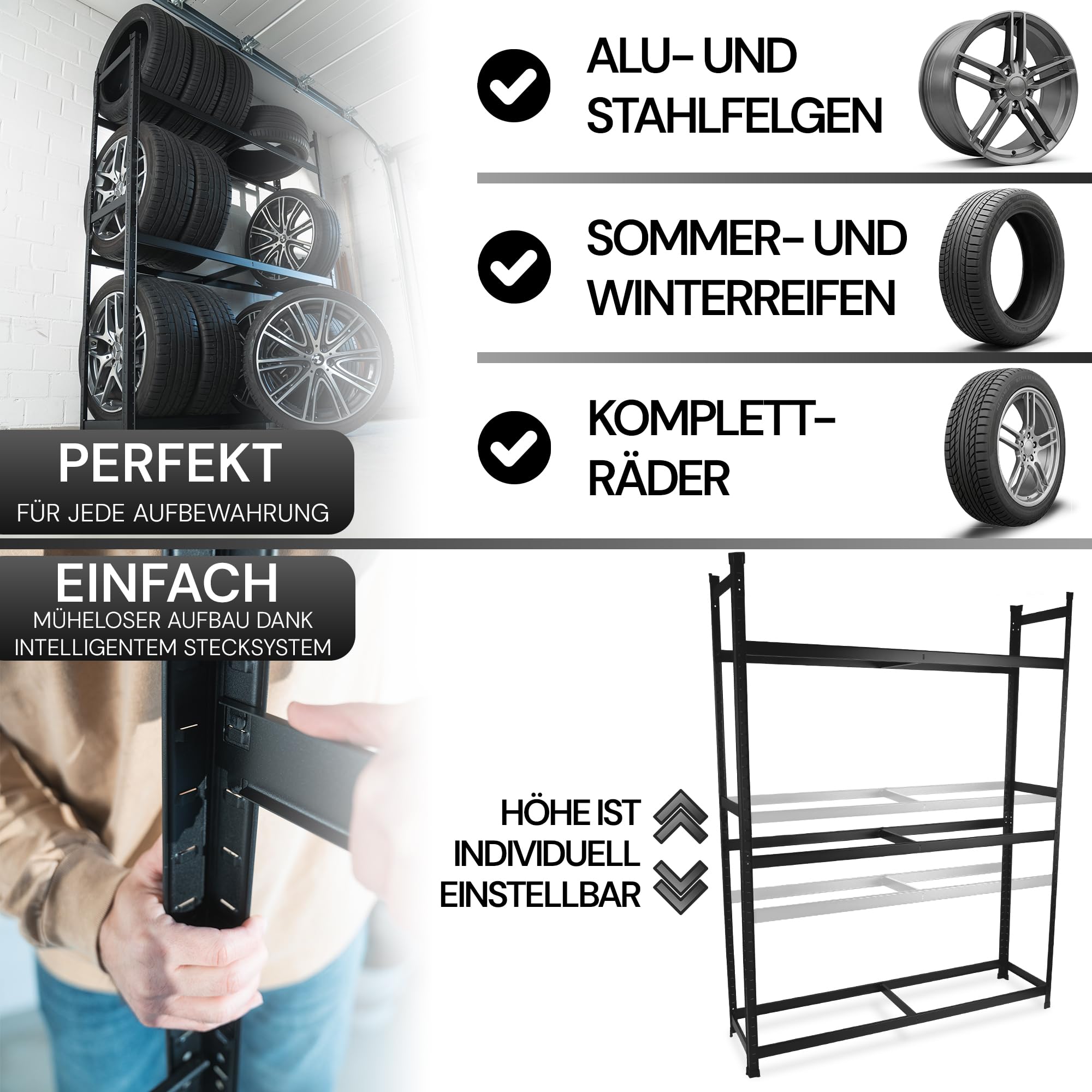 ALL Premium Reifenregal 8 Reifen 100x110x40cm schwarz, 175kg Traglast, platzsparend, Reifenständer und Reifenhalter, Felgenbaum Garagen Zubehör für Garage & Lager