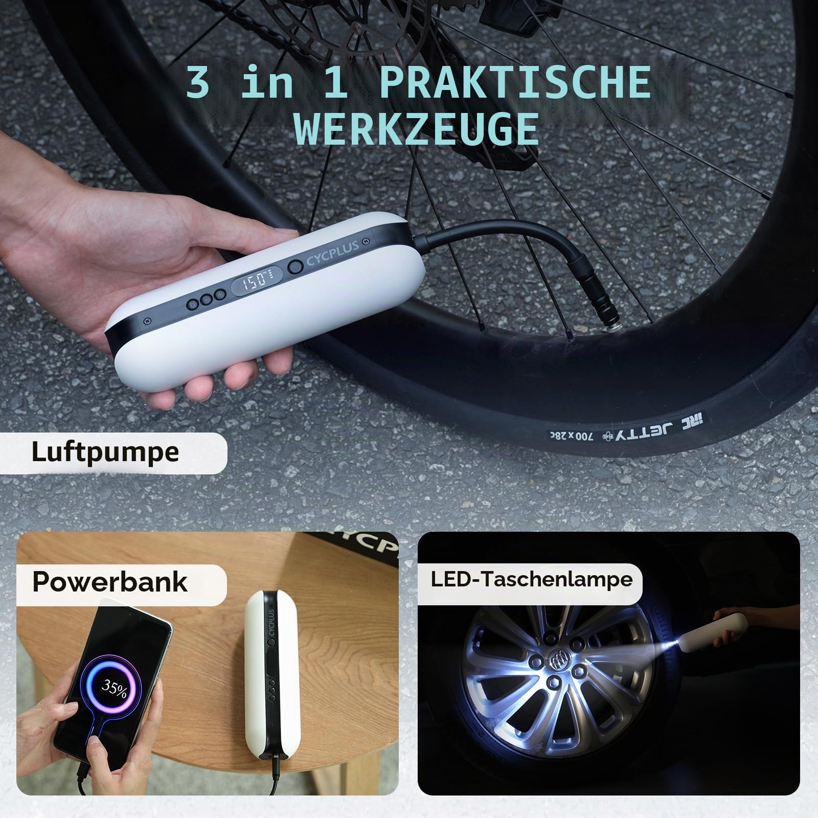 CYCPLUS Luftpumpe 150PSI Elektrischer Kompressor Tragbar Fahrradpumpe Mini Reifenpumpe mit Digital LED Anzeige LED Licht Wiederaufladbarer Li-ionen für alle Fahrräder Motorräder und Autos