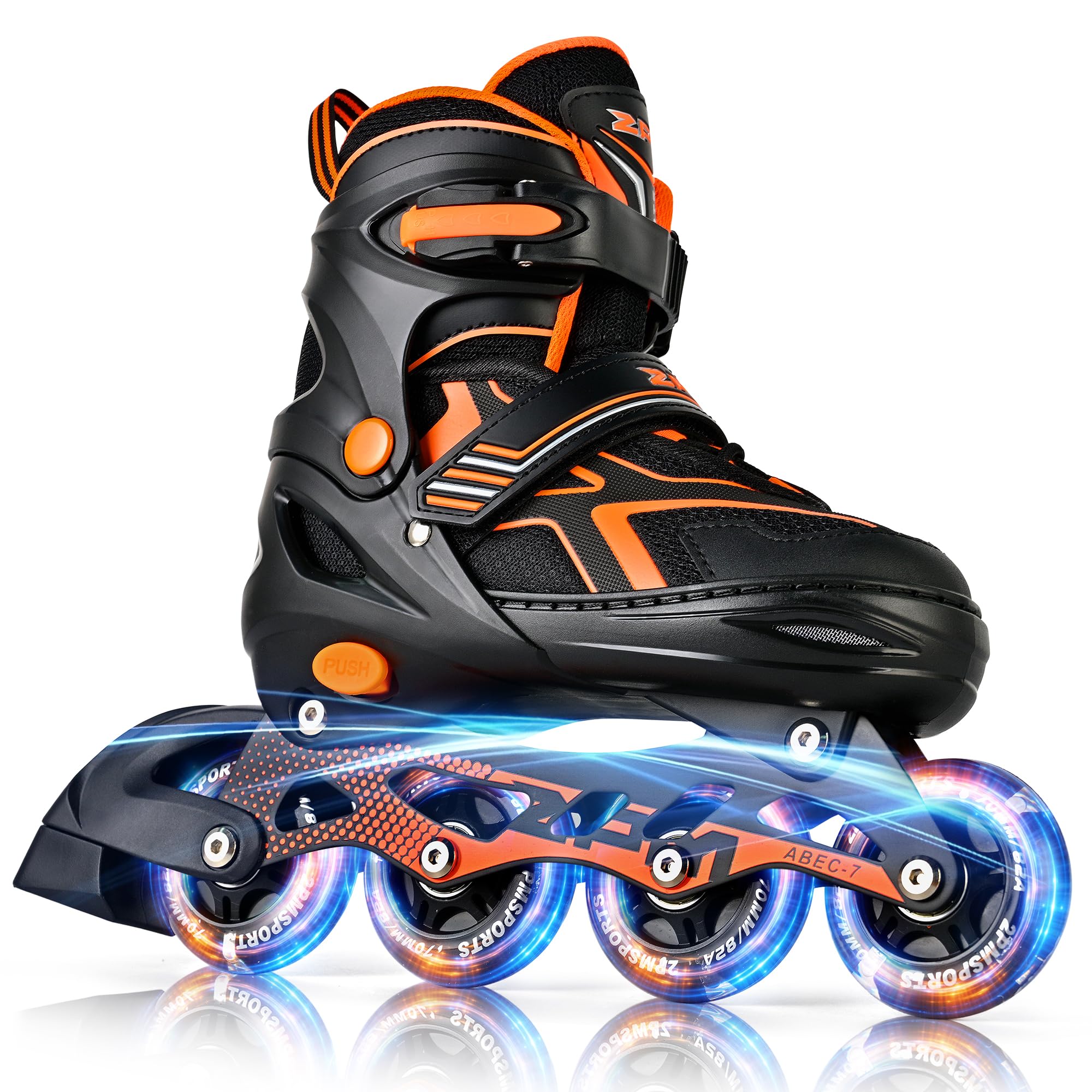 2PM SPORTS Adjustable Inline Skates for Kids, Youth and Adults | beginner friendly; triple closure; light-up wheels; ABEC-7 bearings; Arch support; 2 non-woven bags