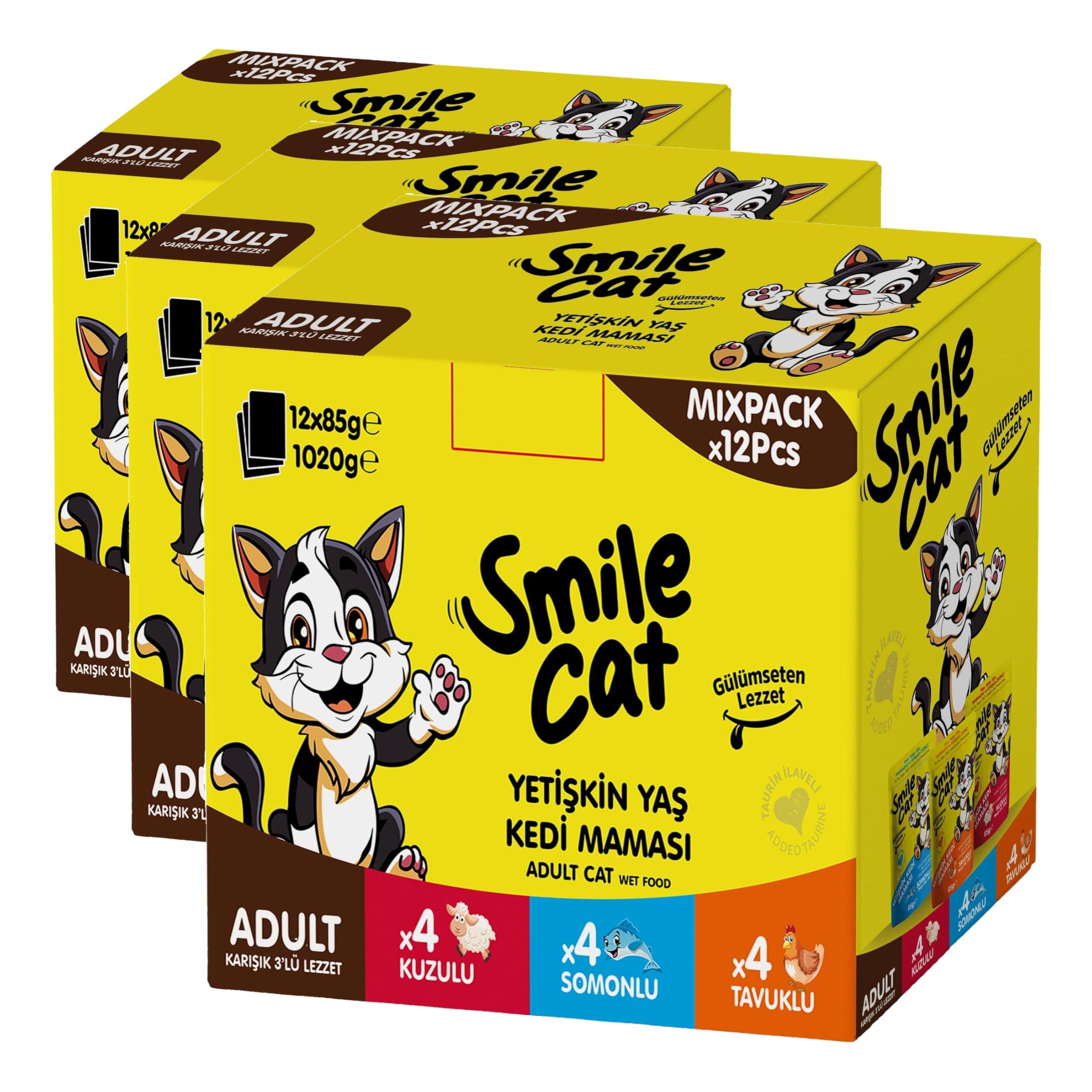 Smile Cat Pouch Mix 12 Adet x 85 gr Kuzu/Somon/Tavuklu (3 paketi)