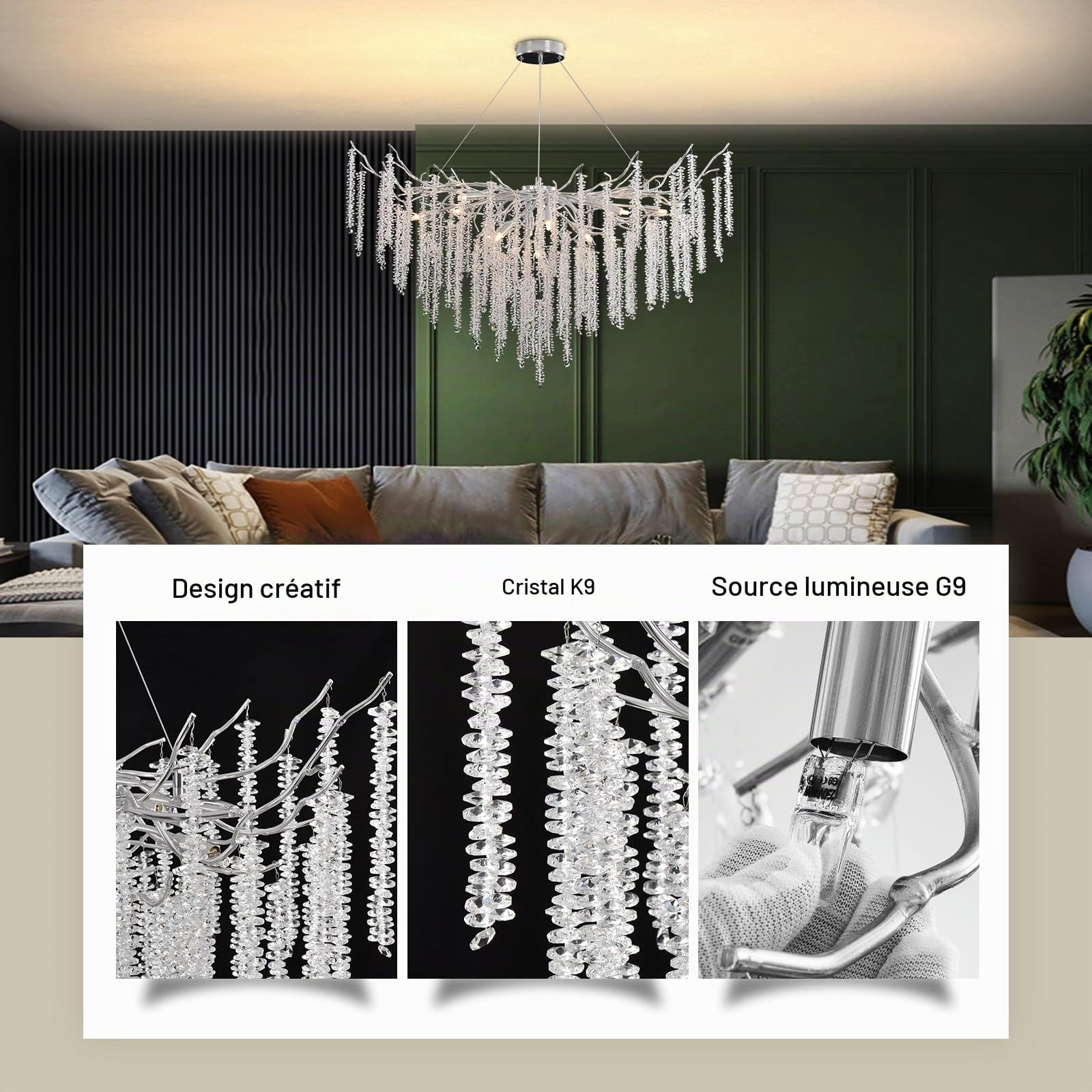 Luxe Lampe à Pendentif en Cristal, Avec branches d'arbre Lustre en Cristal for salle à manger, cuisine, salon, chambre à coucher