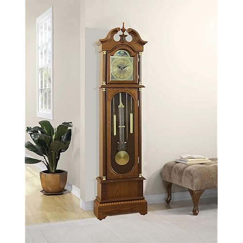 Traditional Floor Standing Oak Grandfather Clock, 72-inch, Westminster Chime, Metal Lyre Pendulum, Roman Numerals, Battery Powered, 71.6" H x 19.2" W x 8.6" D