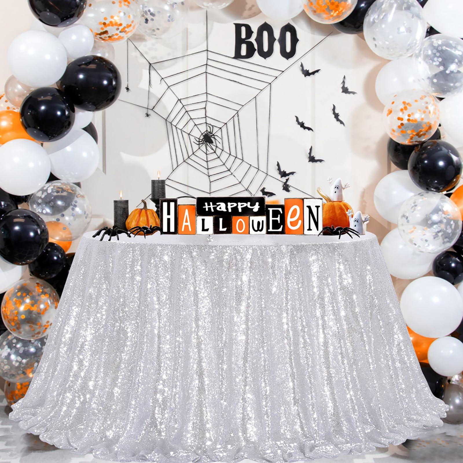 B-COOL Silver Sequin Tablecloth Decorations - 120 Inch Sparkly Table