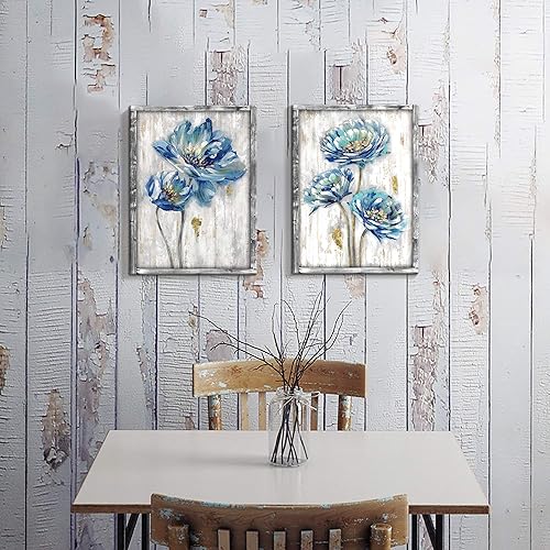 Miniatura 3 de Obra de arte de madera con flores azules enmarcadas arte de pared de flores, impresión floral para comedor (11 pulgadas de ancho x 16 pulgadas de