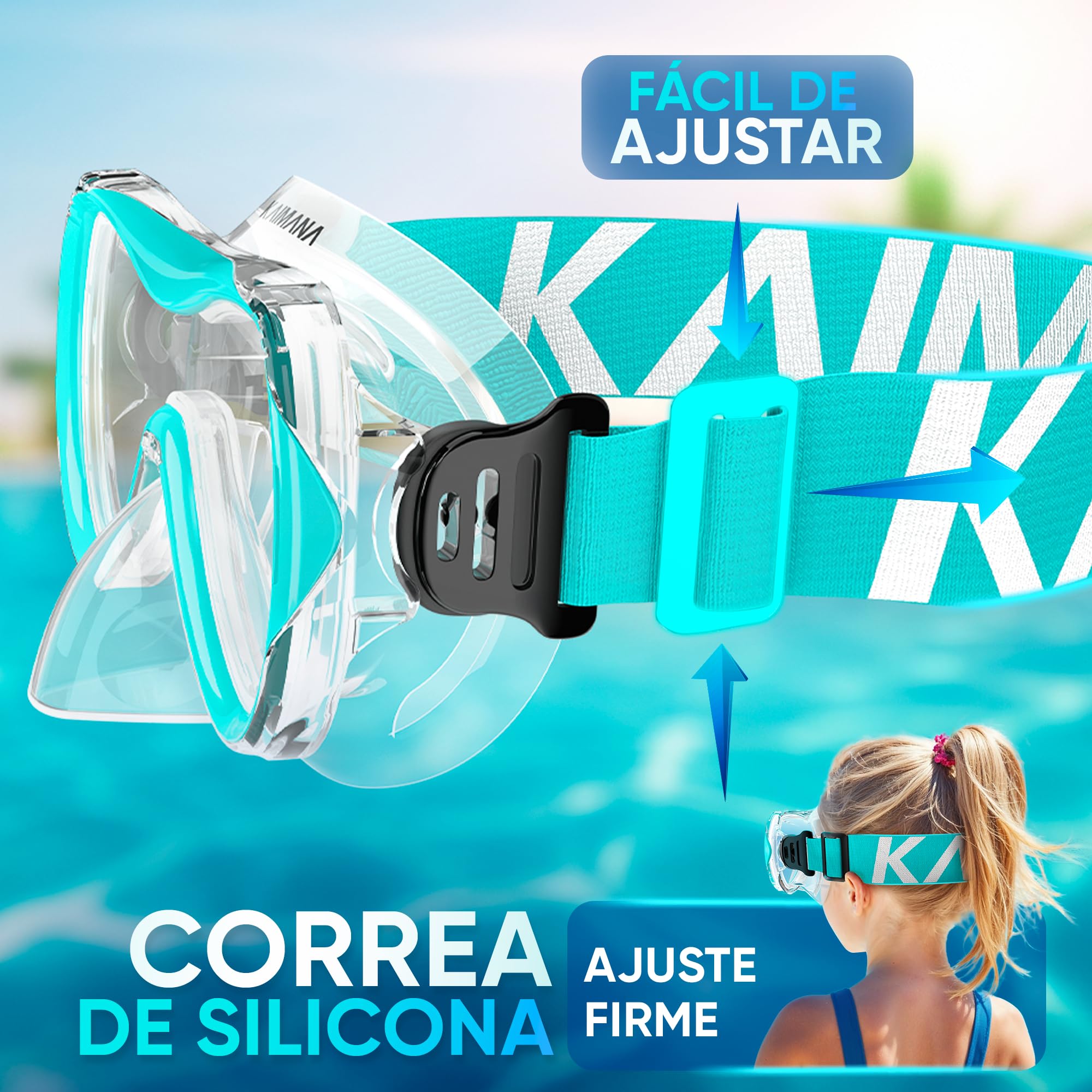 KAIMANA® SeaExplorer Gafas Snorkel Niño y Tubo + Bolsa – Set Snorkel Niño 3-10 Años – Gafas de Buceo con Tubo y Cinta Textil – Gafas de Bucear con Nariz y Máscara Buceo Niño 4 años