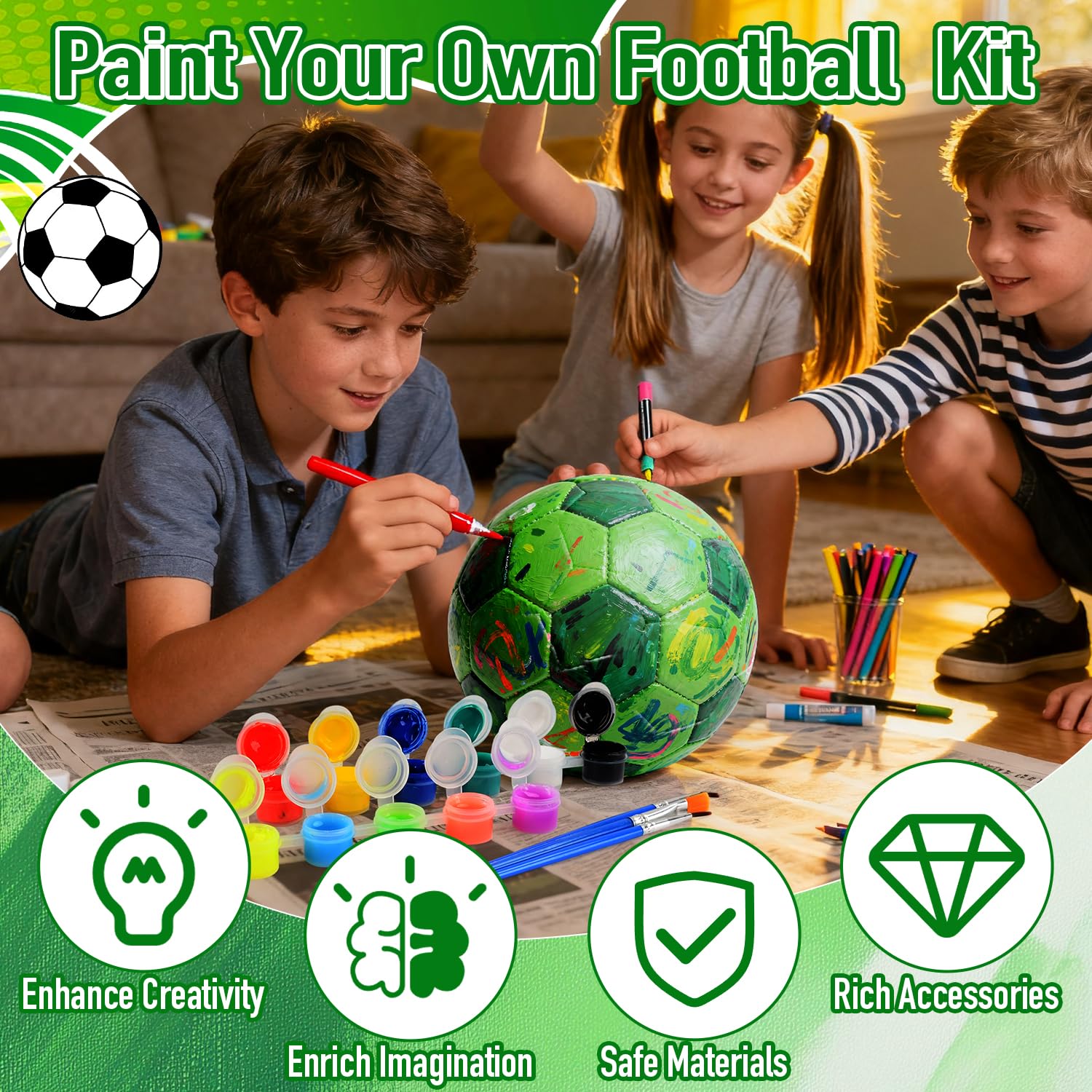 Fantspati Fußball Bastelset Kinder, DIY Fußball Malset Bastelset Kit Jungen Mädchen Kreatives Geschenk für Kinder Bemalen Set mit 6*Fußball, 10*Aufkleber, 12 Farben Pigment