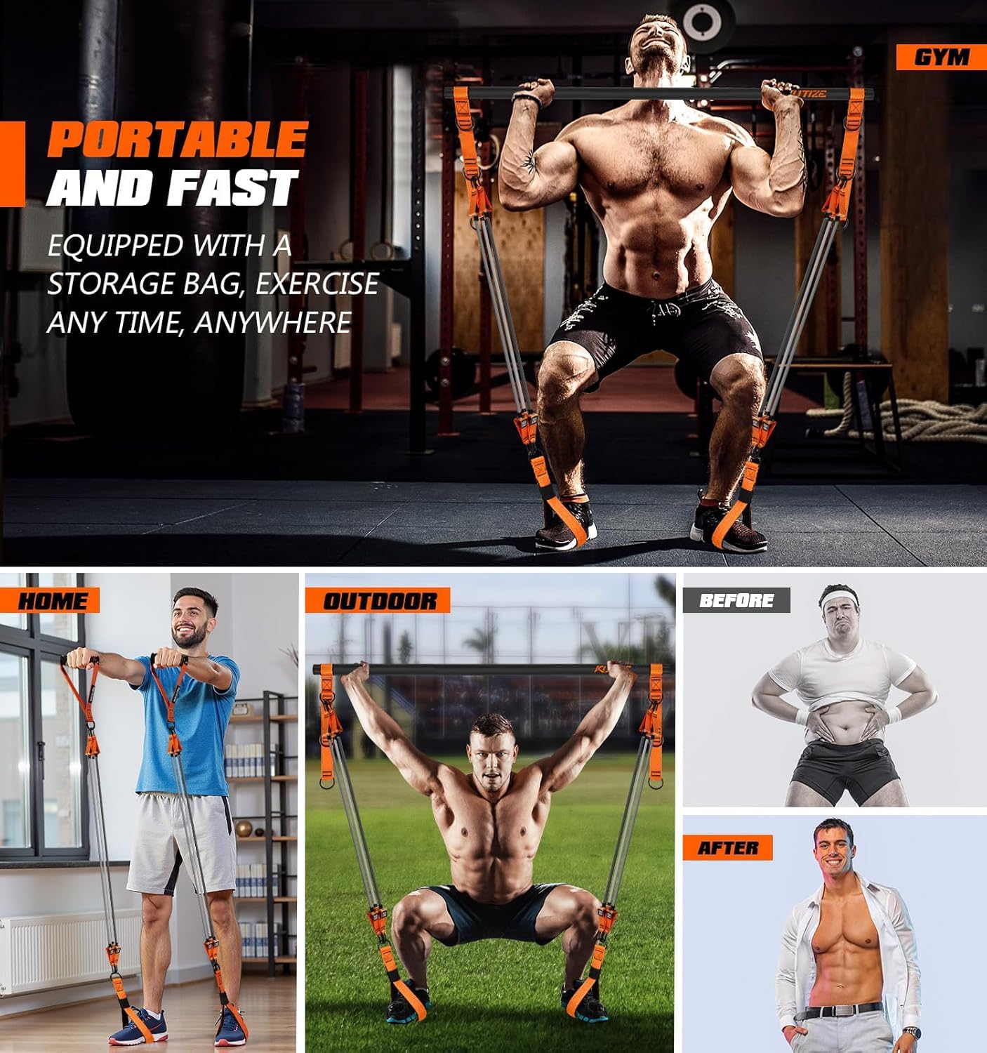 Pilates Equipment, Heavy Duty Pilates Bar Kit with Resistance Bands for Men, Strength Training Bar for Legs, Hip, Waist Back, Arm, Abs, Chest, Shoulders, Portable Home Gym Full Body Workout Equipment