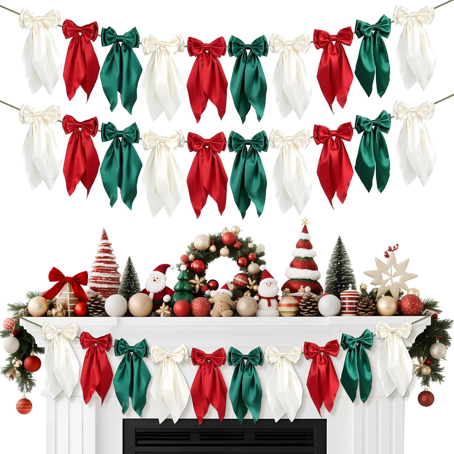 Boao 2 Pcs Christmas Bow Garland Banner 6.5ft Pre Strung Satin Ribbon Christmas Hanging Garland for Mantel Fireplace Wall Staircase Home Office Decor, Holiday Xmas Party Supplies(Red, Green, Beige)