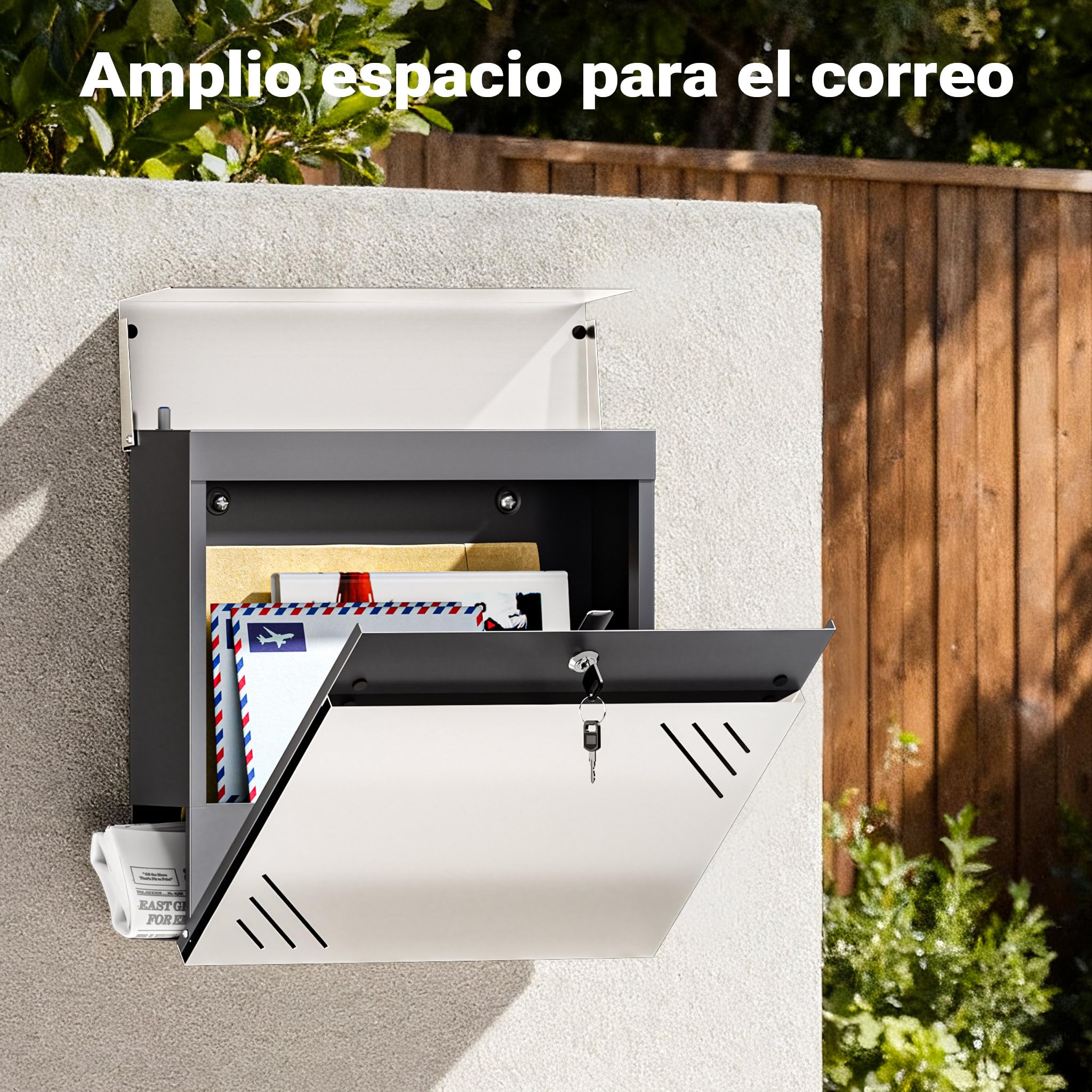 Wiltec Buzón de Pared V63 de Acero Inoxidable 37 x 11 x 37 cm, con Compartimento para periódicos y Llave
