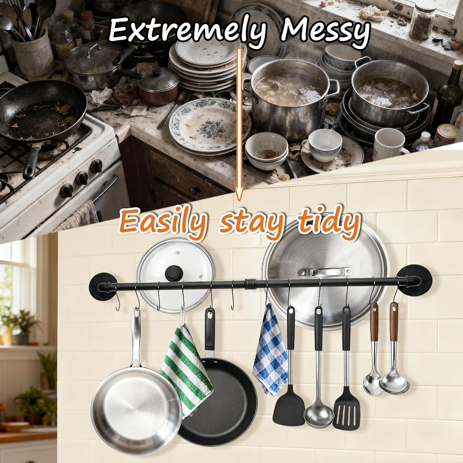 32-inch pot lid rack with 10 hooks, wall-mounted kitchen utensil rack, towel bar, retro farmhouse style DIY wall-mounted pot lid rack, space-saving, suitable for pots, pans, pot lids and towels.