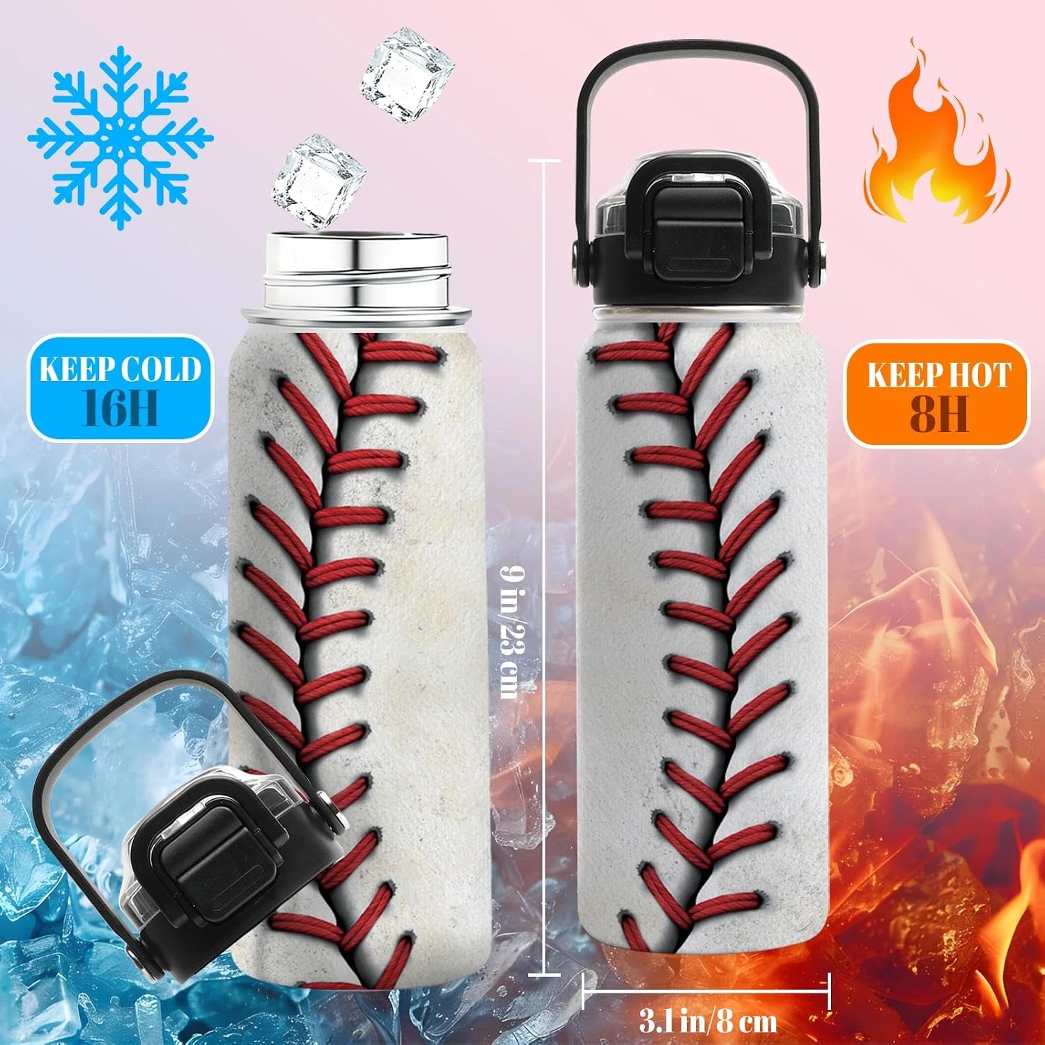 Baseball Water Bottle for Boys Girls, 18 oz Sports Leak Proof 18/8 Stainless Steel Vacuum Insulated Tumbler with Straw & Spout 2-in-1 Lid, BPA-Free Kids Water Bottles for School Sport Travel image 3