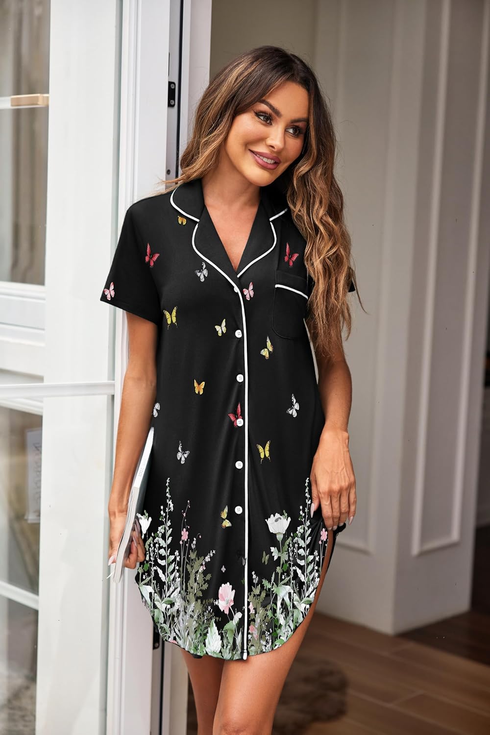 Ekouaer 2 Pack Nightgowns for Women Button Down Sleepshirts Short Sleeve Sleepwear V Neck Nightshirt Pajama Dress - Image 2