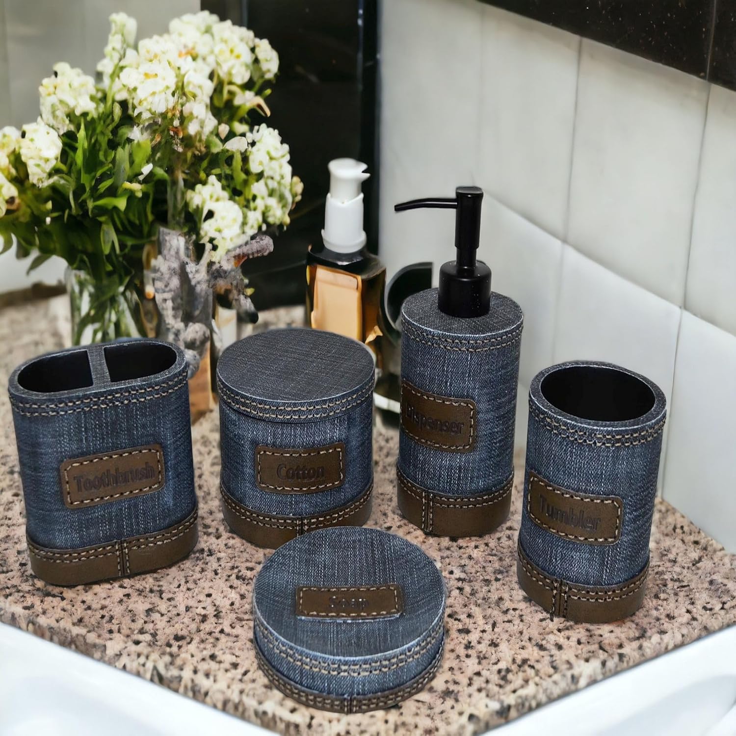 5 Piece Bathroom Accessory Set | Blue Denim Design