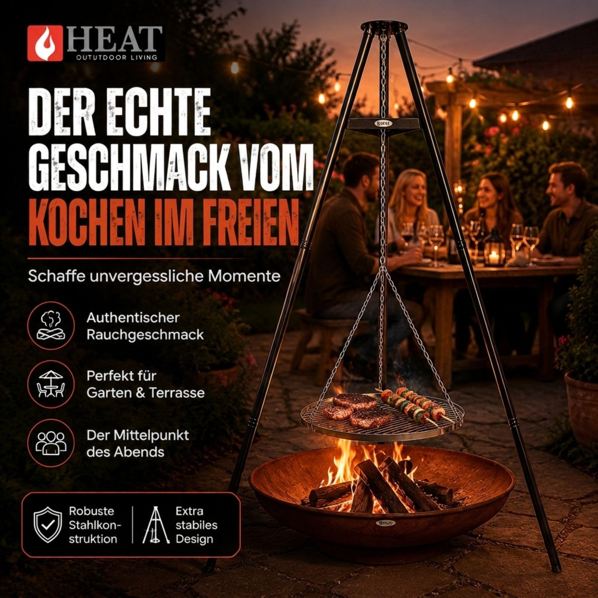 Dreibein-Grill mit Grillrost Ø 65 cm – Schwenkgrill aus Stahl – Höhenverstellbar mit Kettenzug – Stabiles Stativ für Feuerschalen, Lagerfeuer und Camping