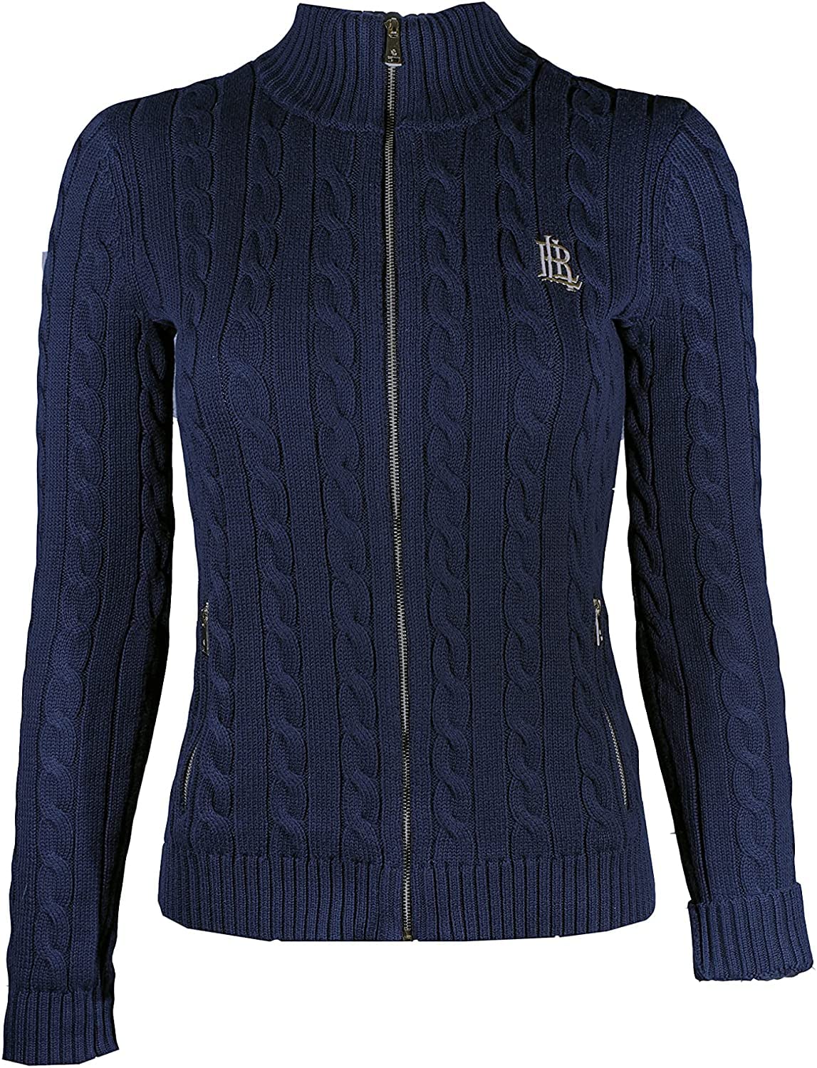 POLO RALPH LAUREN Womens Full Zip Cable Knit Crest Sweater Summer 2021 Large Navy