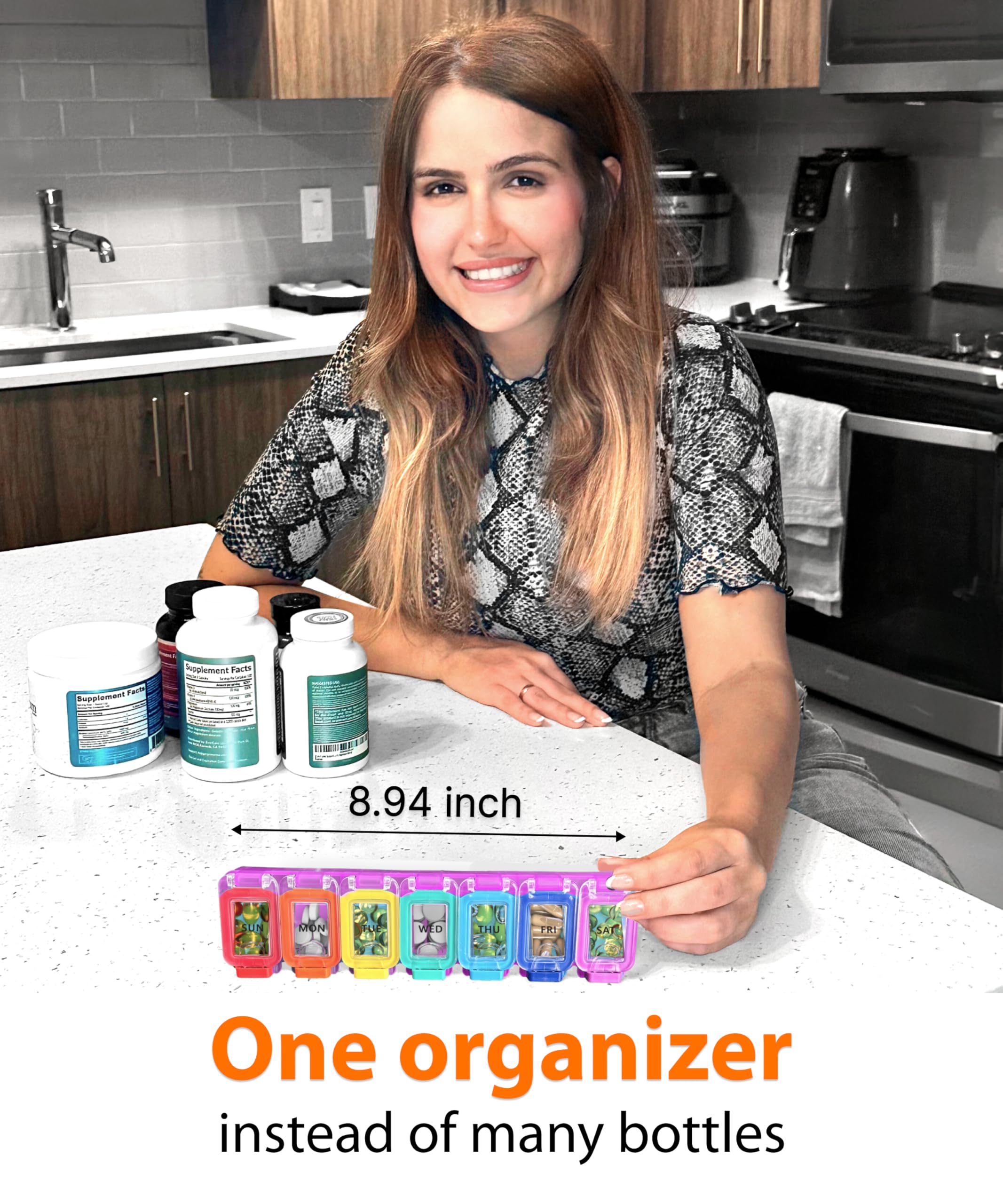 Pillendose für wöchentliche Tabletten, 1 Mal am Tag – Pillendose für 7 Tage mit verbesserter wasserdichter Dichtung, große Fächer für große Vitamine und Nahrungsergänzungsmittel, verbesserte