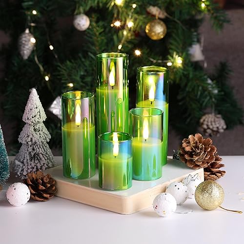 Miniatura 4 de Eywamage Velas de cristal verde sin llama con control remoto, velas de cera LED delgadas parpadeantes, velas votivas de pilar que funcionan con