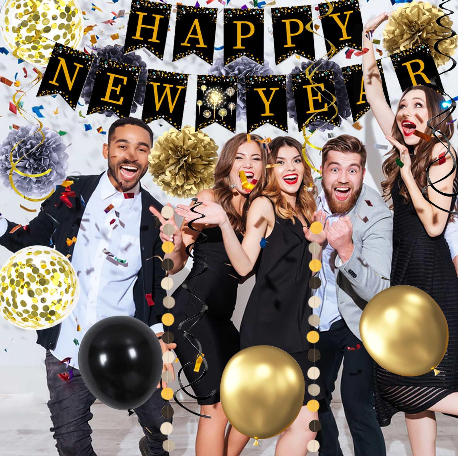 2025 New Year's Eve Party Decorations - 86pc Black & Gold Balloon Garland Arch Kit