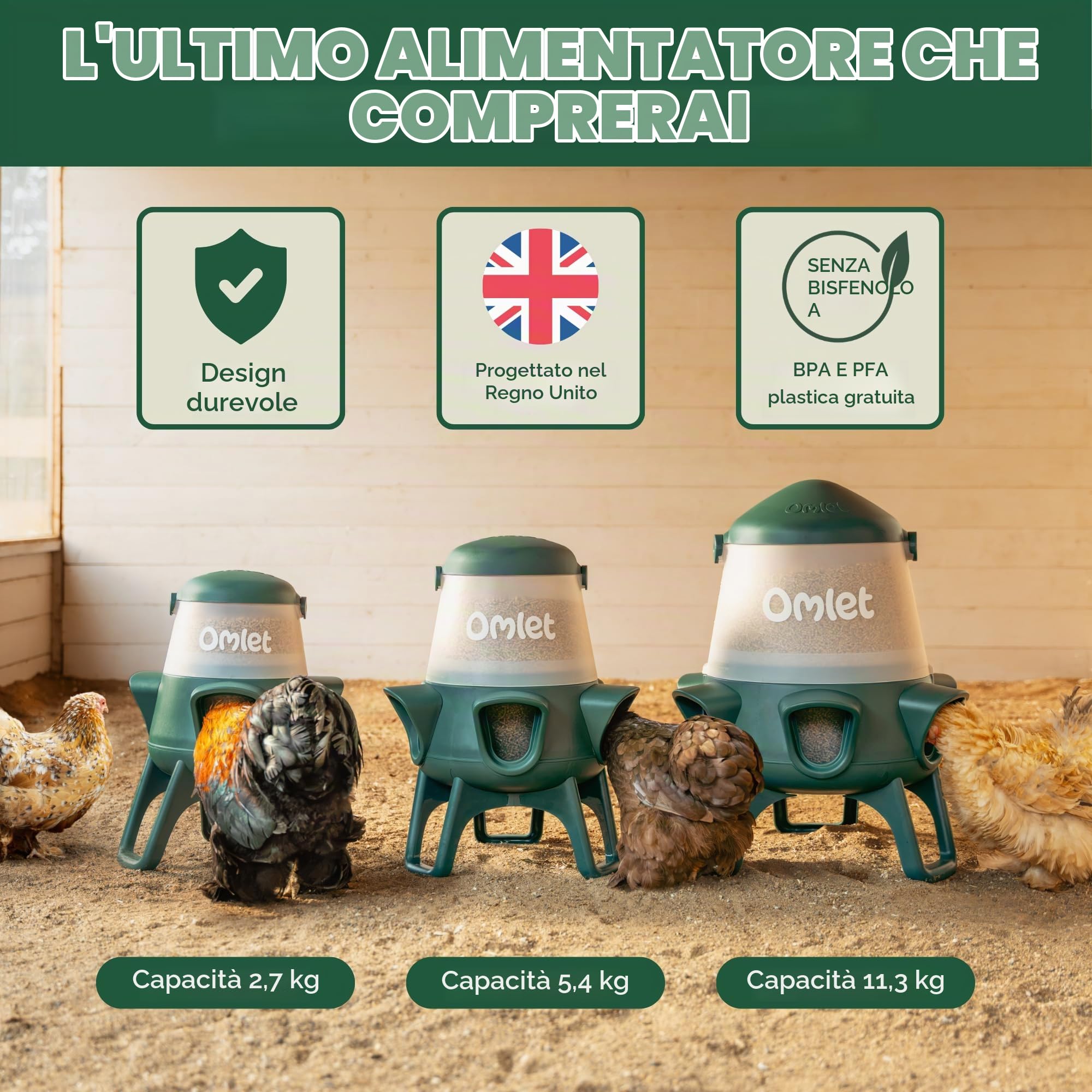 Omlet Mangiatoia per polli, senza sprechi, senza BPA, 5 porte anti-bullo, facile da pulire, nutre 6 galline per 7 giorni, 5 kg