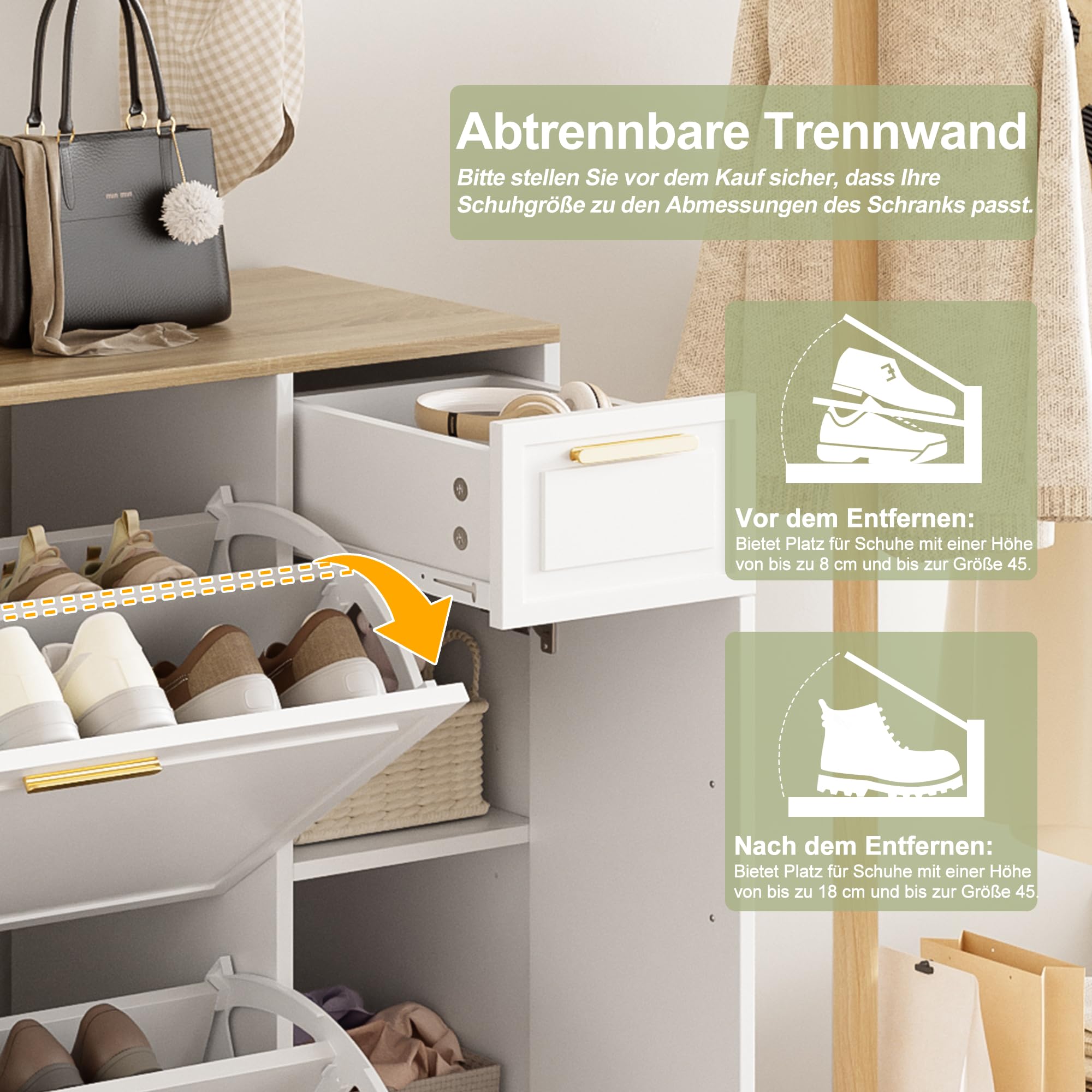 Garderobenset Wandgarderobe, Flurgarderobe Set mit Schuhschrank und Spiegel, Garderoben Set mit Kippfach Schuhkippern & Wandgarderobe, Kompaktgarderobe, Flurschrank für Flur, Weiß 139.5x35x166cm