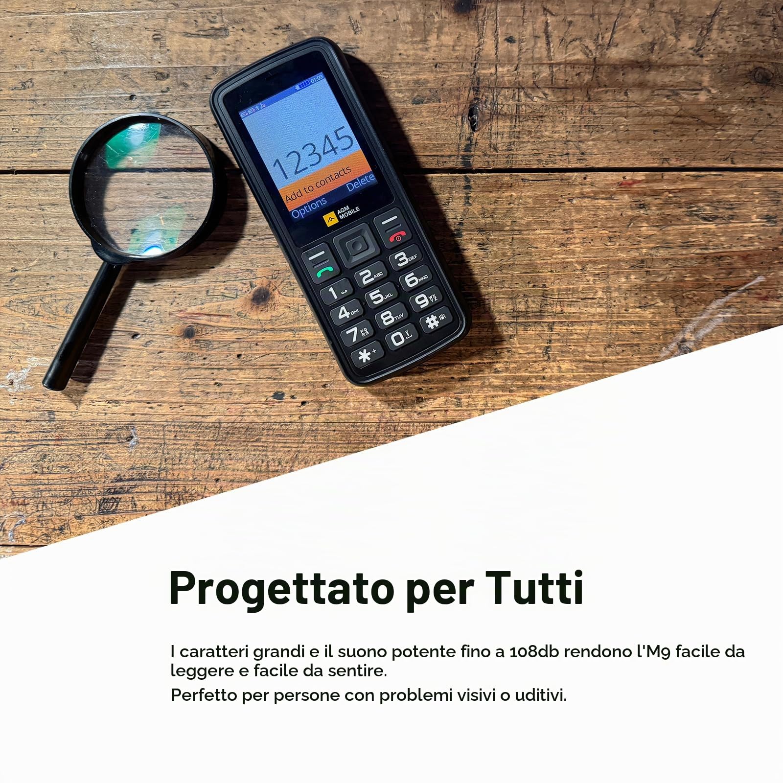 AGM M9 Cellulare 2G Per Anziani, Pulsanti Grandi, Suono Potente, IP68, Doppia SIM, Batteria Lunga, Senza Internet