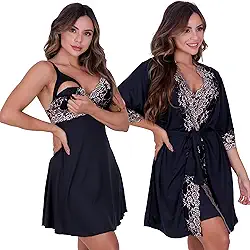 Kit Pós parto de Robe e Camisola Sofia Bicolor sem Bojo de Microfibra Light de amamentação Feminino