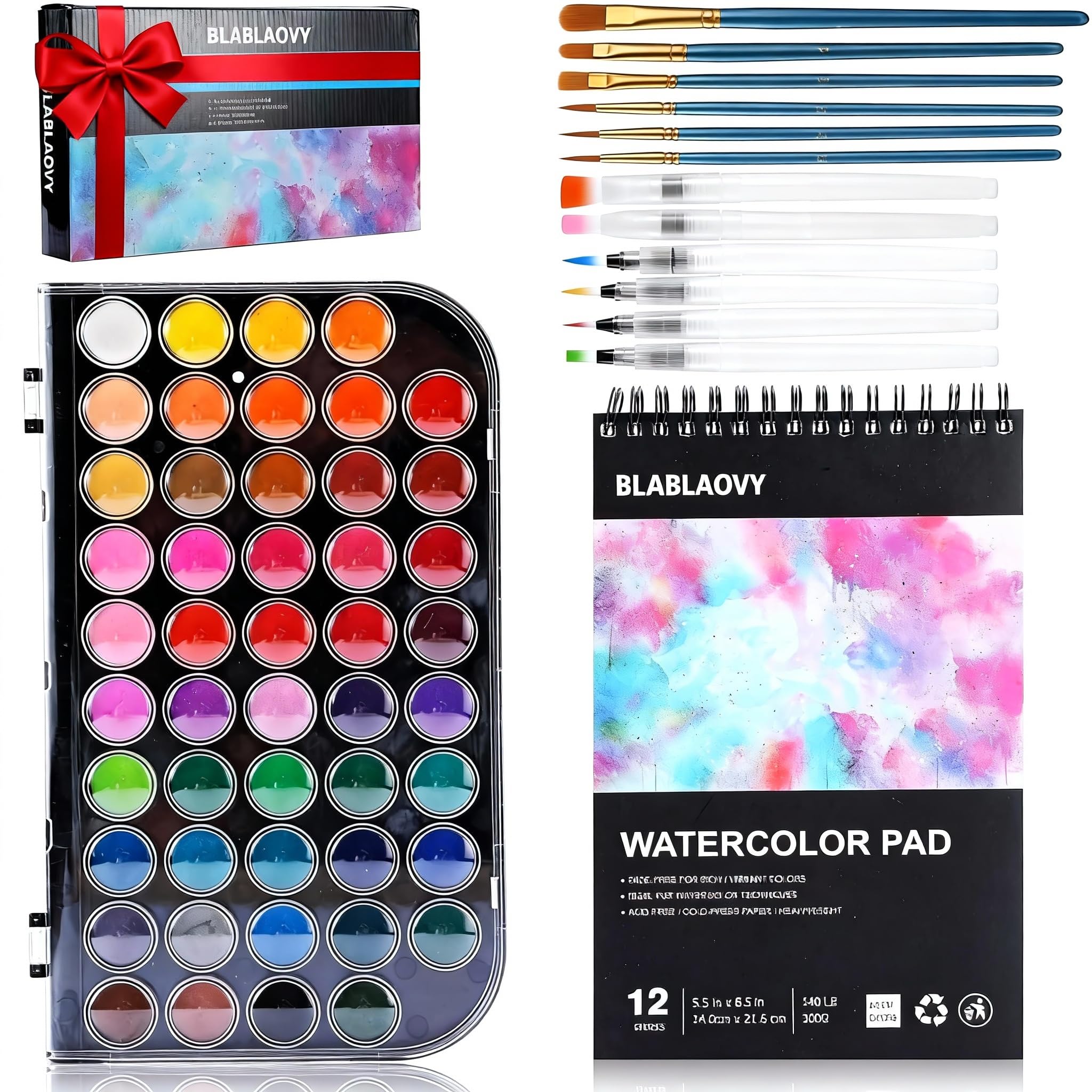 Blablaovy Watercolor Paint, 48 Colors Washable Paint Set, 6 Brush, 6 Refillable Water Brush Pen, Drawing Pad, Palette, Painting sets for Artists