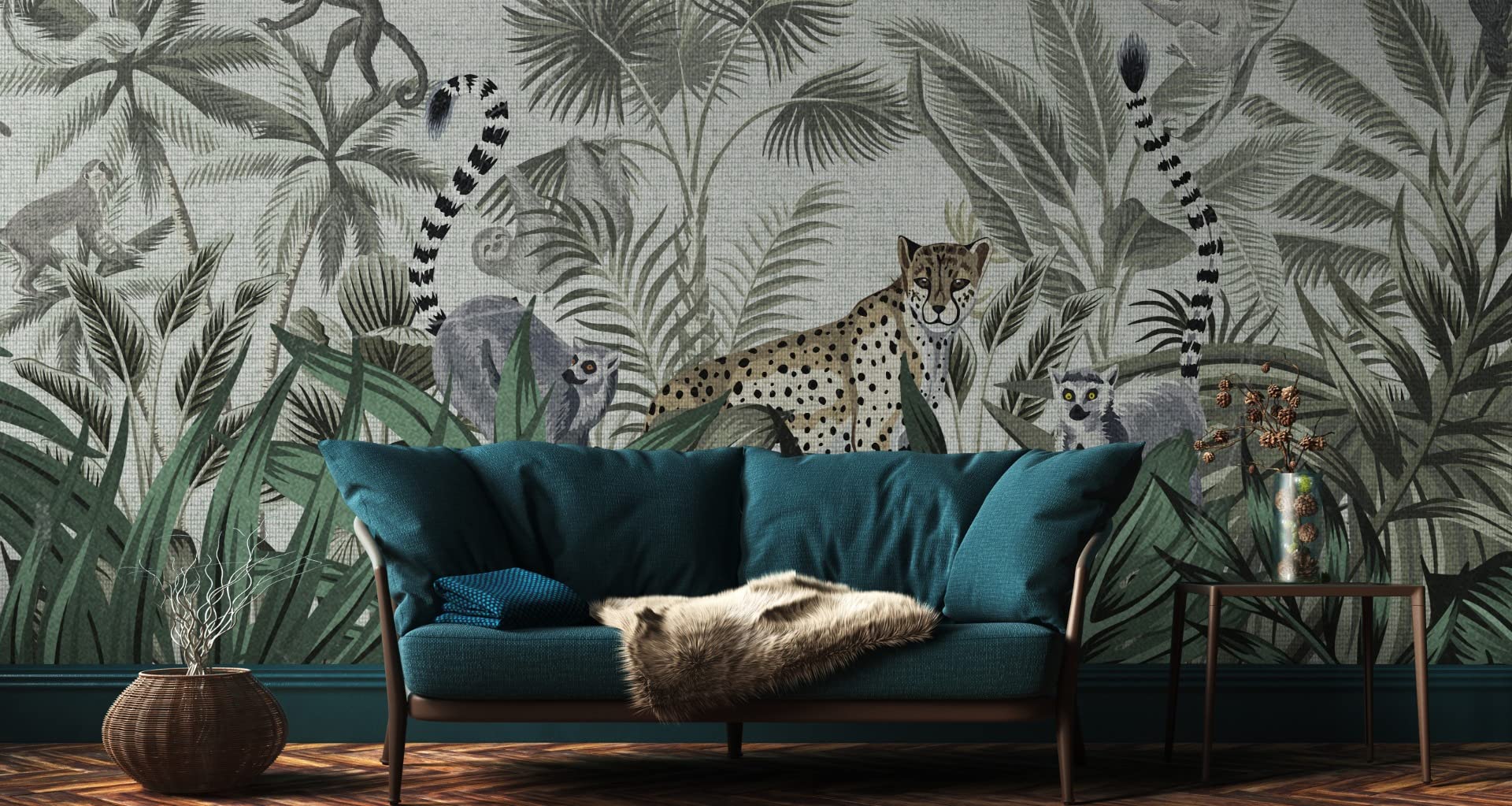 Fototapeta z włókniny, natura, dżungla, rośliny monstera, zwierzęta, 312 x 219 cm, nowoczesna tapeta XXL, małpka, ptaki, salon, sypialnia, biura, korytarz, tapeta ścienna szer. 312 cm x wys. 219 cm