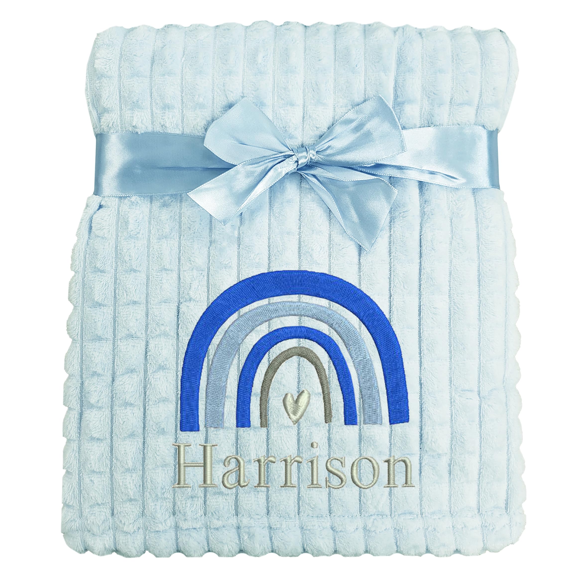 The Baby Box Uk Blue Rainbow Blue Squares Personalised Baby Blanket Embroidered Rainbow & Name Soft Fleece Wrap (Blue Rainbow Blue Squares)