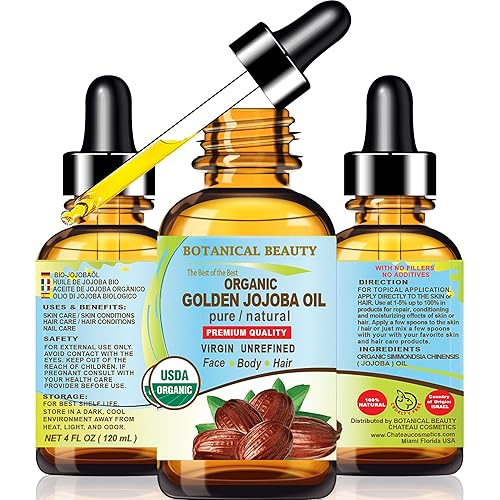 Botanical Beauty Aceite de jojoba orgánico 100% puro natural virgen sin refinar aceite portador prensado en frío 4 fl oz 4.1 fl oz para cara, piel,