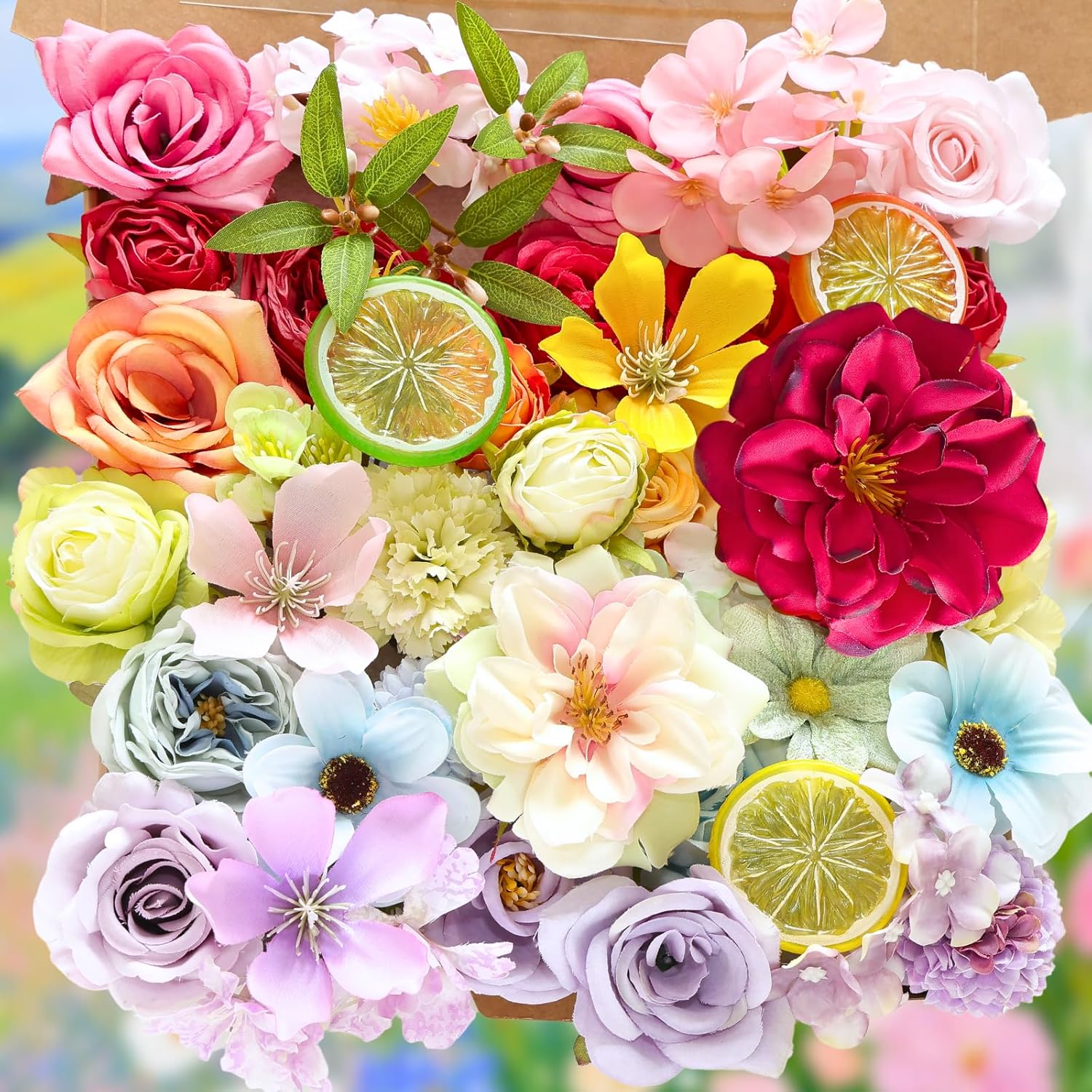 ASTRYAS Fake Artificial Flowers Combo Set Silk Camellia RosesDIY Center Cake Decoration Wedding Bouquet Corsage Home Decor Outdoor Decor Gift (Rainbow Flower)