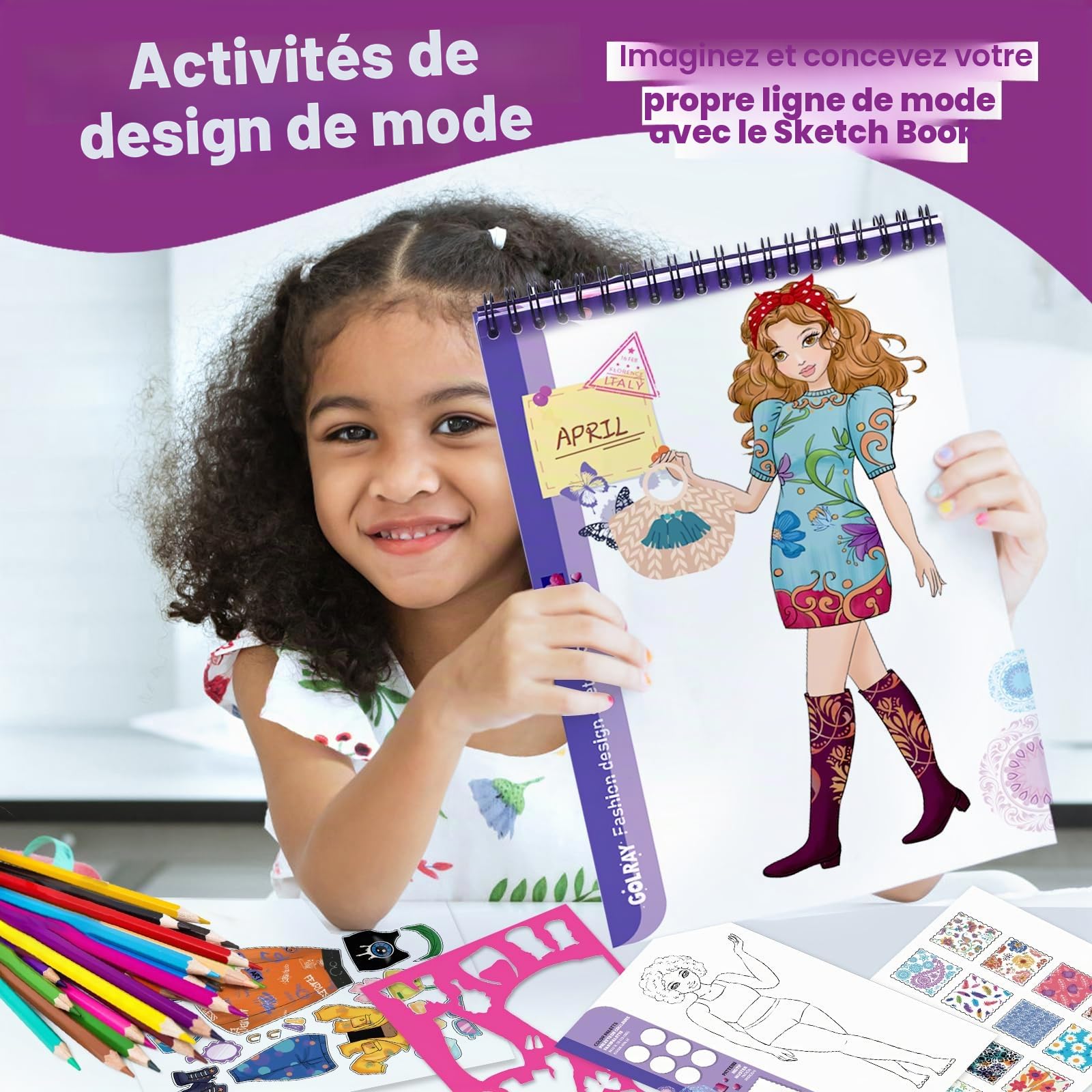 Studio Mode Fashion Design Kit Jouet Cadeau Fille 7-12 ans, Kit Couture Loisirs Créatifs avec Tissus, Mannequins & Crayons