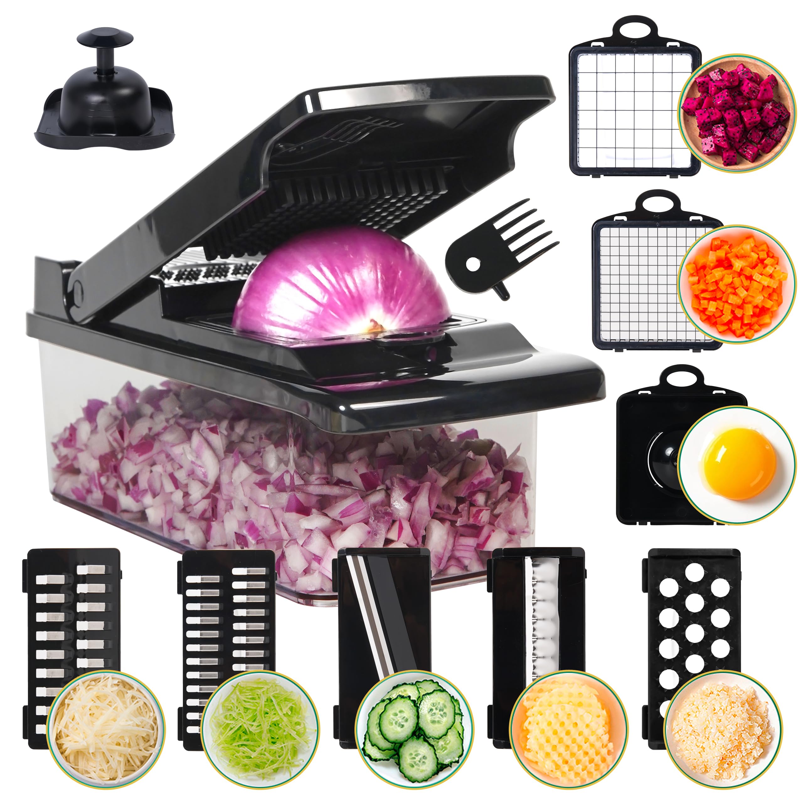 SANTOZZ Cortador de verduras multifuncional con cuchillas intercambiables, recipiente incluido, molinillo de ajo, cortador de patatas y zanahorias