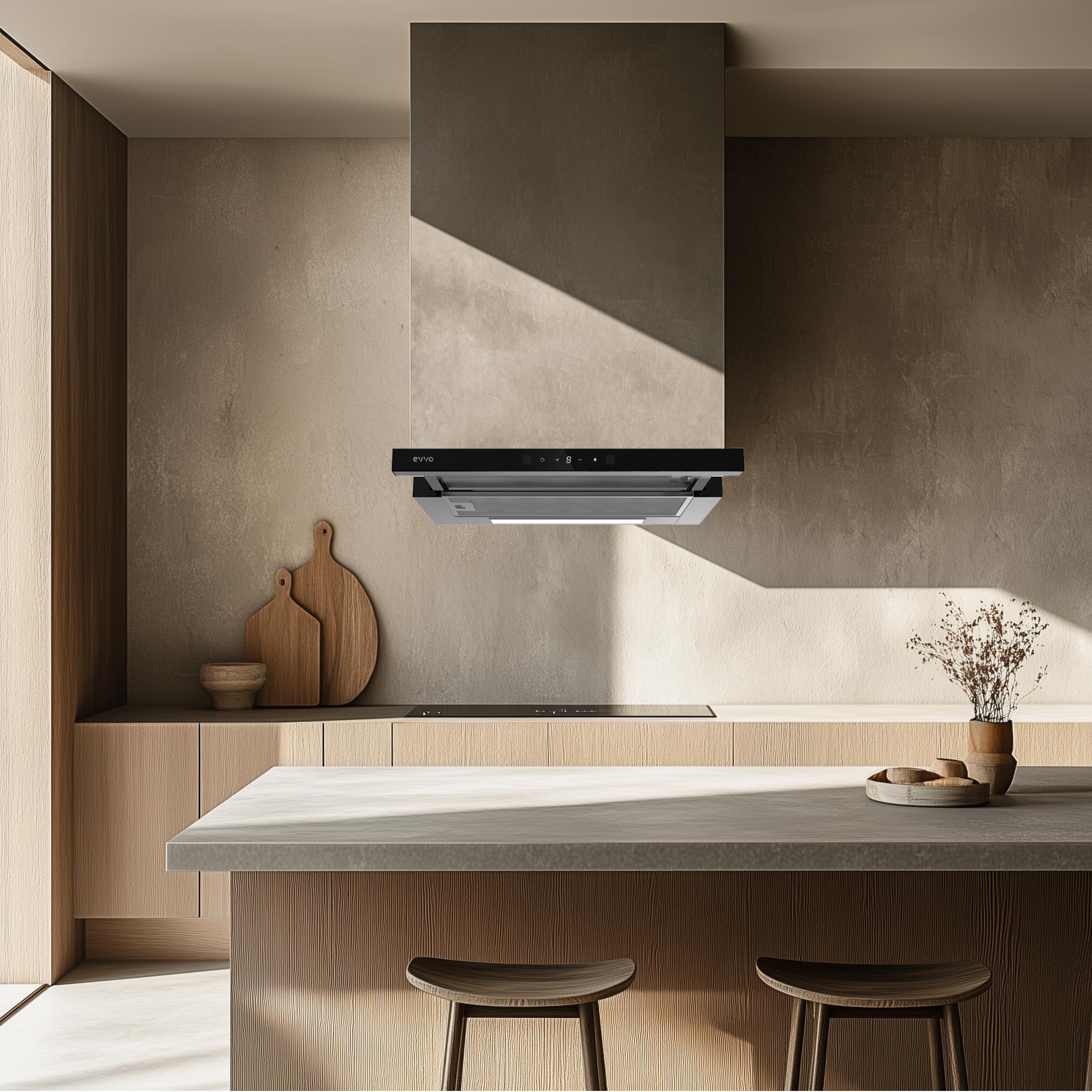 EVVO Dunstabzugshaube 60 cm ausziehbar 550 m³/h LED-Licht Aluminium- Kohlefilter Gestensteuerung Edelstahl-Finish schwarzes Glas A++