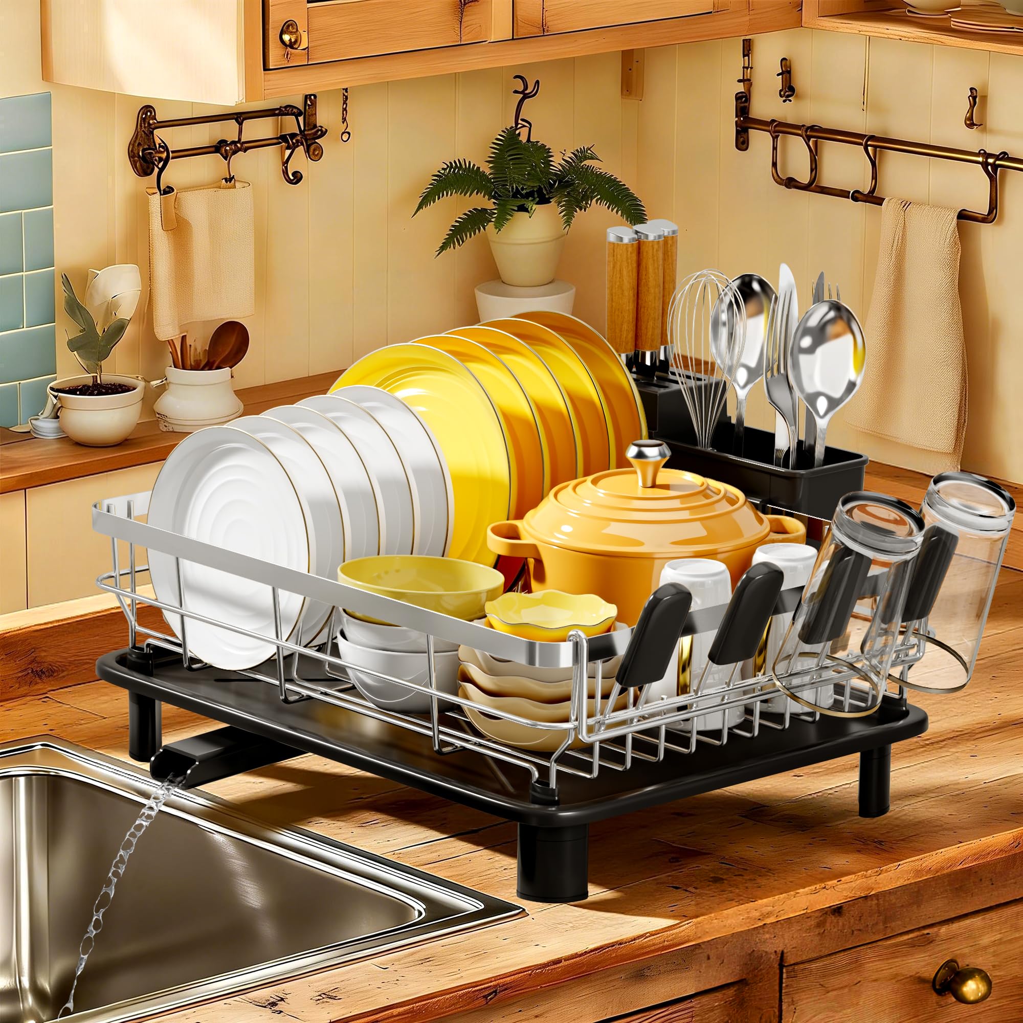 MOUKABAL Stainless Steel Dish Drying Rack for Kitchen Counter, Black Silver