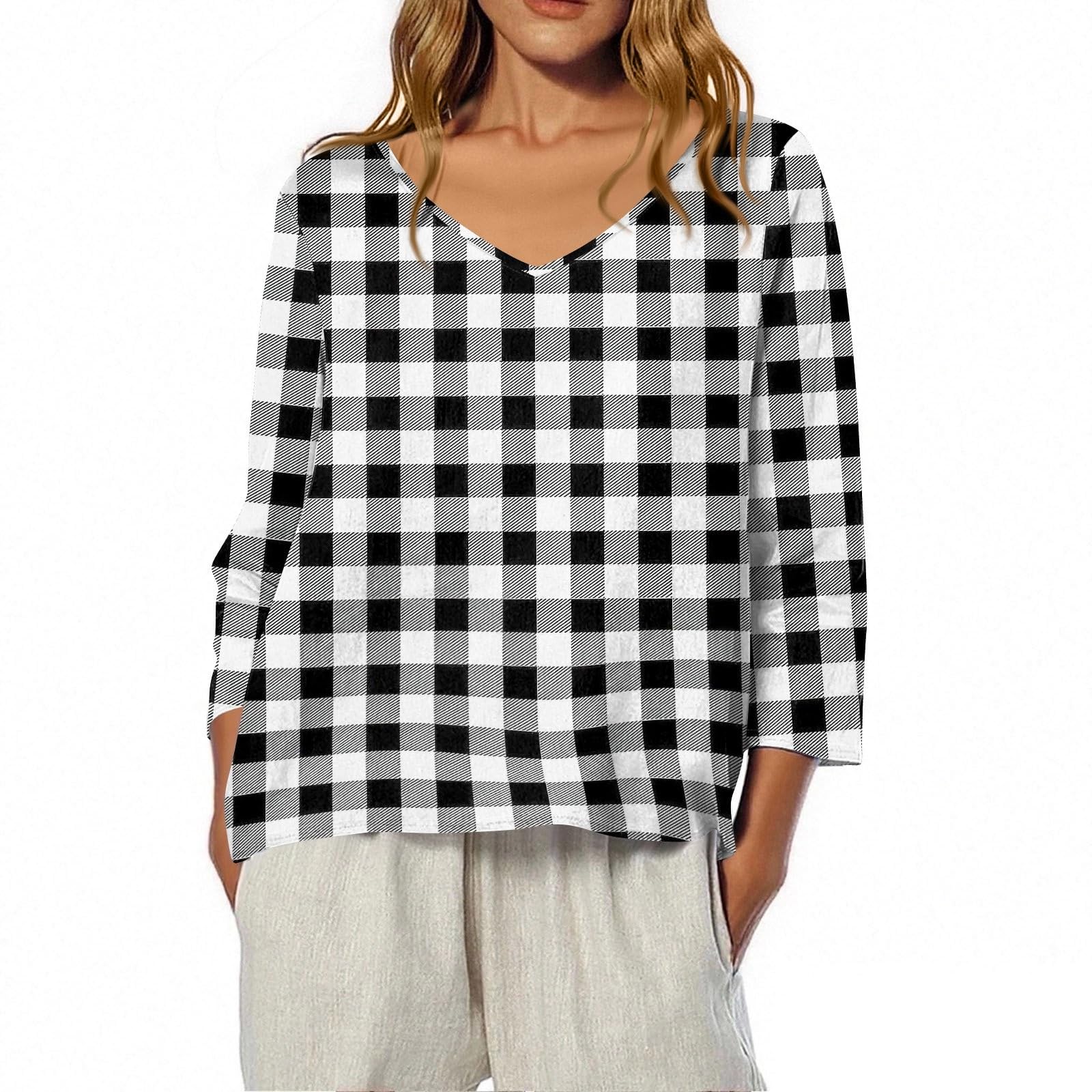 Summer Tops for Women V Neck 3/4 Length Sleeve Tops Cute Fall Linen Floral Print Shirts Western 3/4 Sleeve Blouses