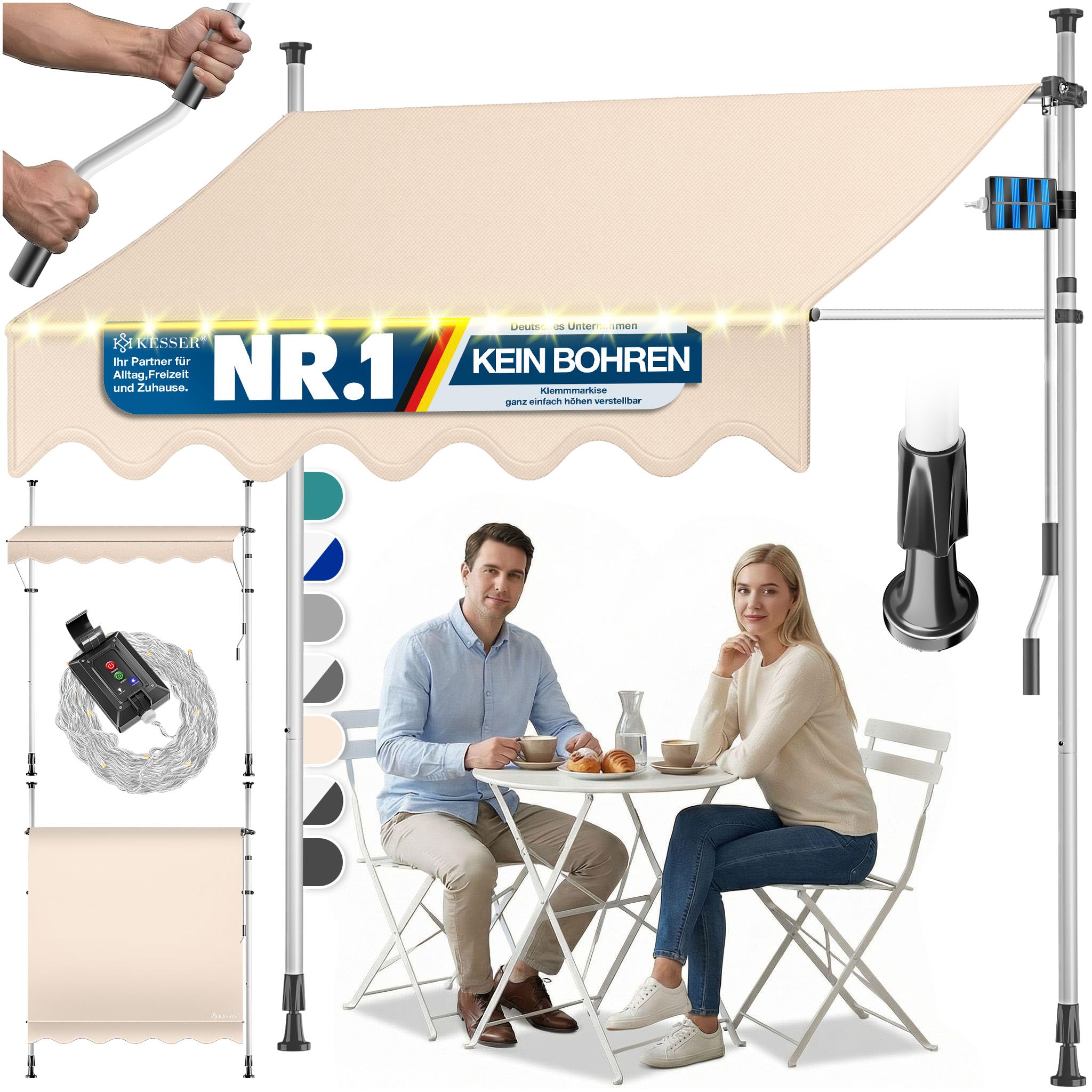 KESSER® Klemmmarkise mit Handkurbel & LED Lichterkette | Balkonmarkise ohne Bohren | Markise UV-beständig höhenverstellbar & wasserabweisend | Sonnenschutz für Balkon Terrasse & Garten 250cm