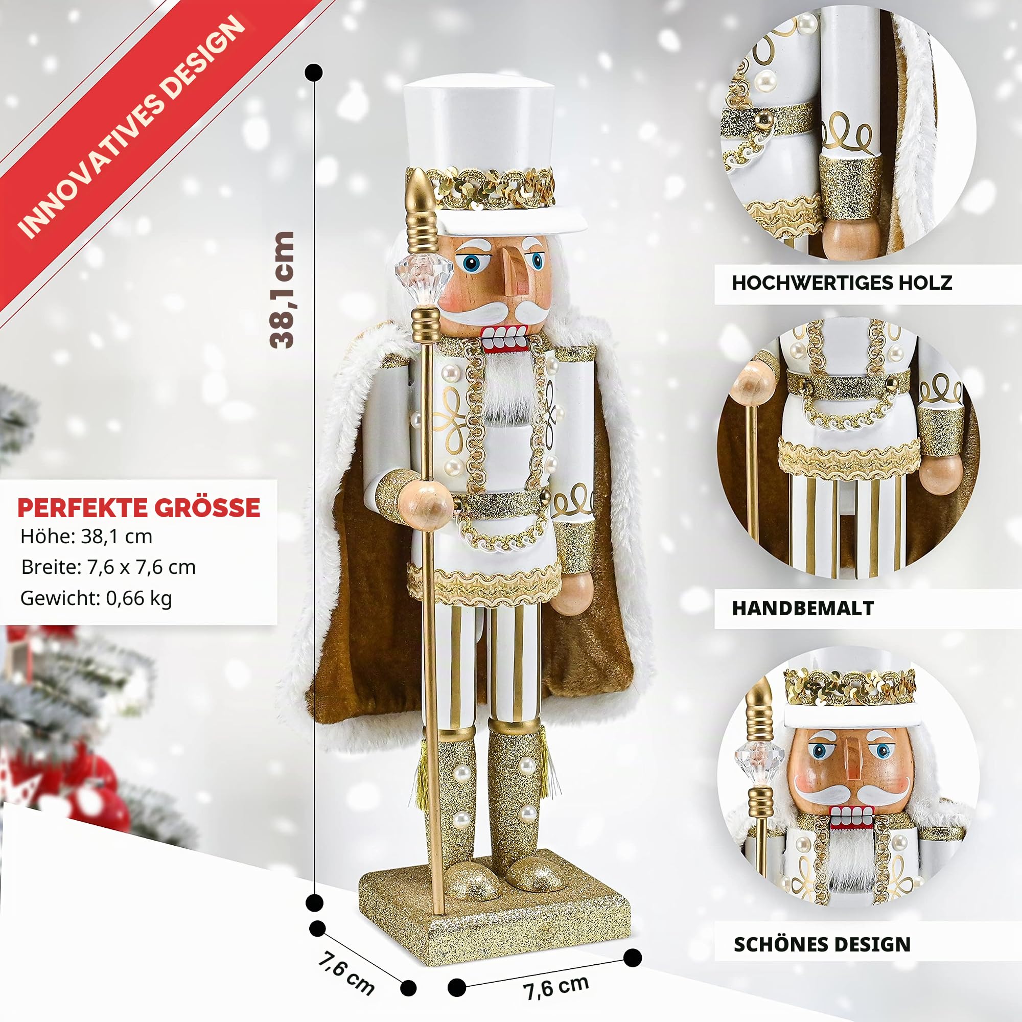 Ornativity Weihnachten Gold King Nussknacker - Gold und Weiß Glitzer Holz Nussknacker Mann mit Gold und Weiß Fell Umhang und Stab in Hand Xmas Thema Urlaub Nussknacker Puppe Figur Dekorationen